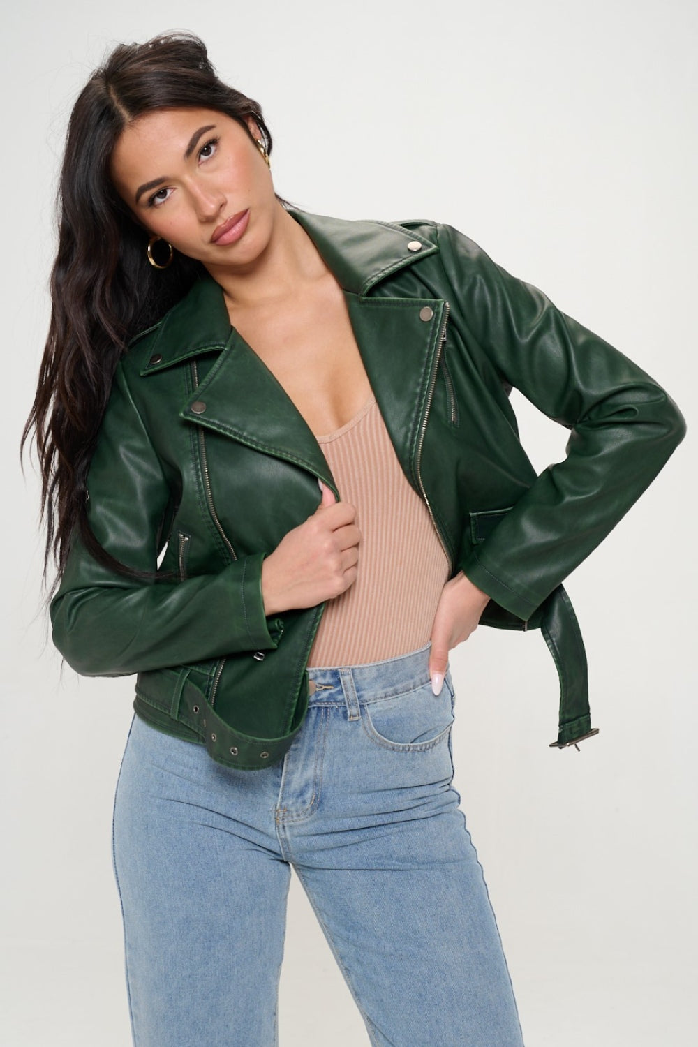 Coalition LA Zip Up Biker Jacket with BeltThis zip-up biker jacket features a stylish design with a notched lapel and a belt for a trendy look. The asymmetrical zipper adds an edgy touch to the jacket. Two zCoalition LA ZipCoatsCoalition LA Zip