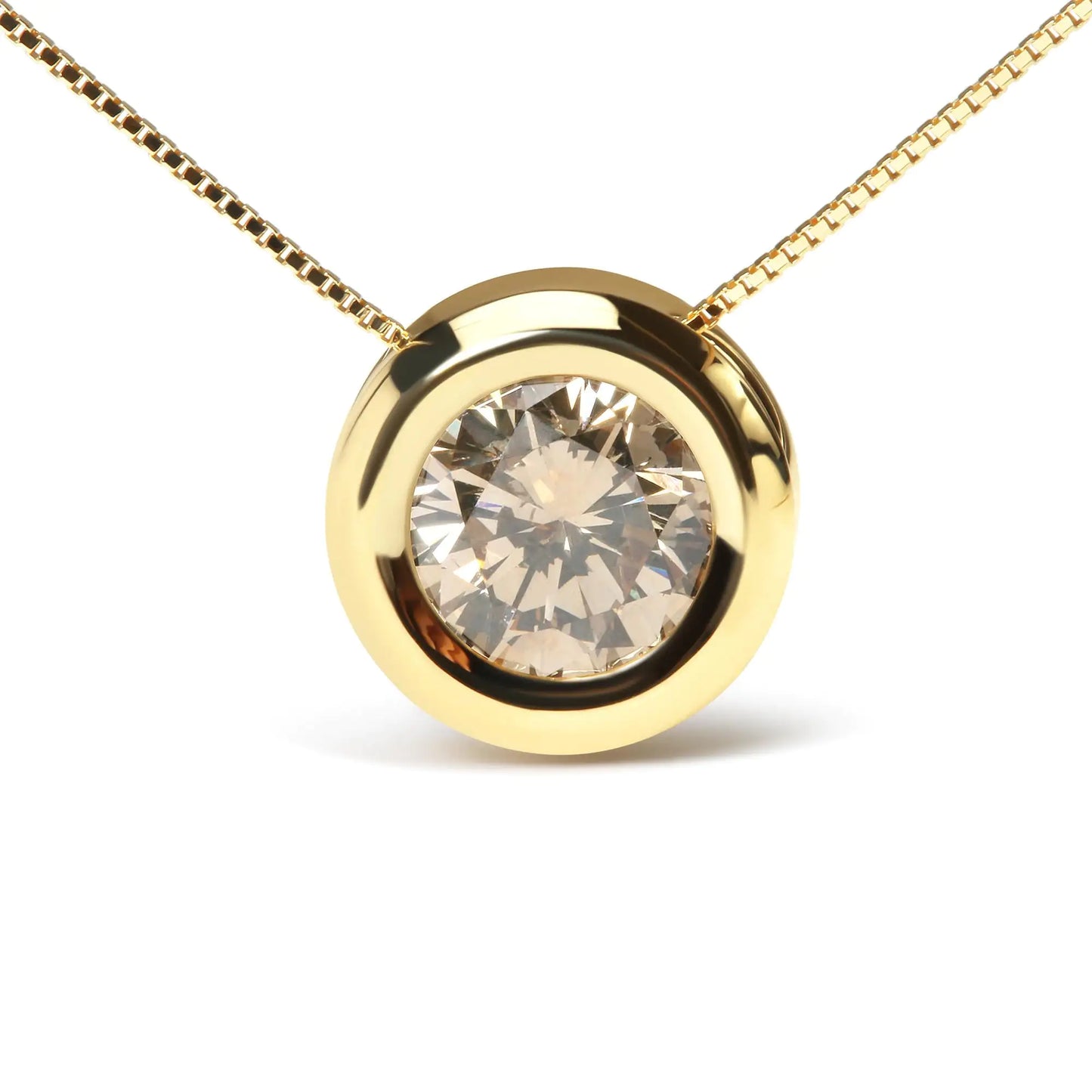 14K Yellow Gold 1 3/8 Cttw Bezel Set Round Champagne Diamond SolitaireExperience the mesmerizing beauty of this stunning round champagne diamond solitaire pendant necklace. Crafted from 14K yellow gold, this necklace features a luxurio14K Yellow Gold 1 38 Cttw Bezel Set Round Champagne Diamond Solitaire 18" Pendant Necklace Champagne Color SI2-I1 Clarity14K Yellow Gold 1 38 Cttw Bezel Set Round Champagne Diamond Solitaire 18" Pendant Necklace Champagne Color SI2-I1 Clarity