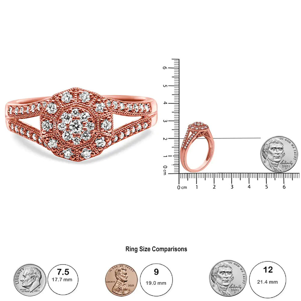 14K Rose Gold Plated .925 Sterling Silver 1/2 Cttw Pave Diamond Halo CThis devastatingly gorgeous cocktail ring brings on the charm with a gorgeous breadth of round, pave-set diamonds. A center cluster of diamonds gives a floral inspir14K Rose Gold Plated14K Rose Gold Plated