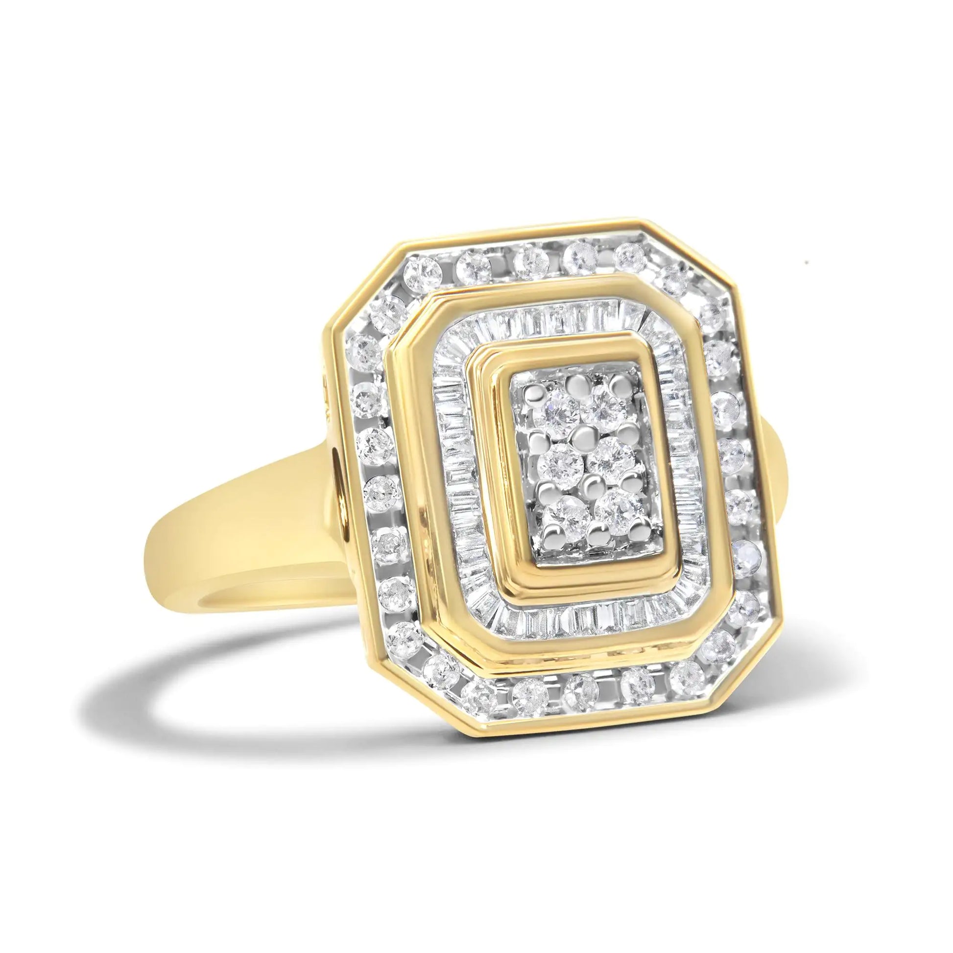 10K Yellow Gold over .925 Sterling Silver Diamond Square Cocktail RingShow off your sophistication with this modern square diamond ring in Yellow Plated Sterling Silver. It features genuine round and baguette diamonds in rows coming to925 Sterling Silver Diamond Square Cocktail Ring 1925 Sterling Silver Diamond Square Cocktail Ring 1