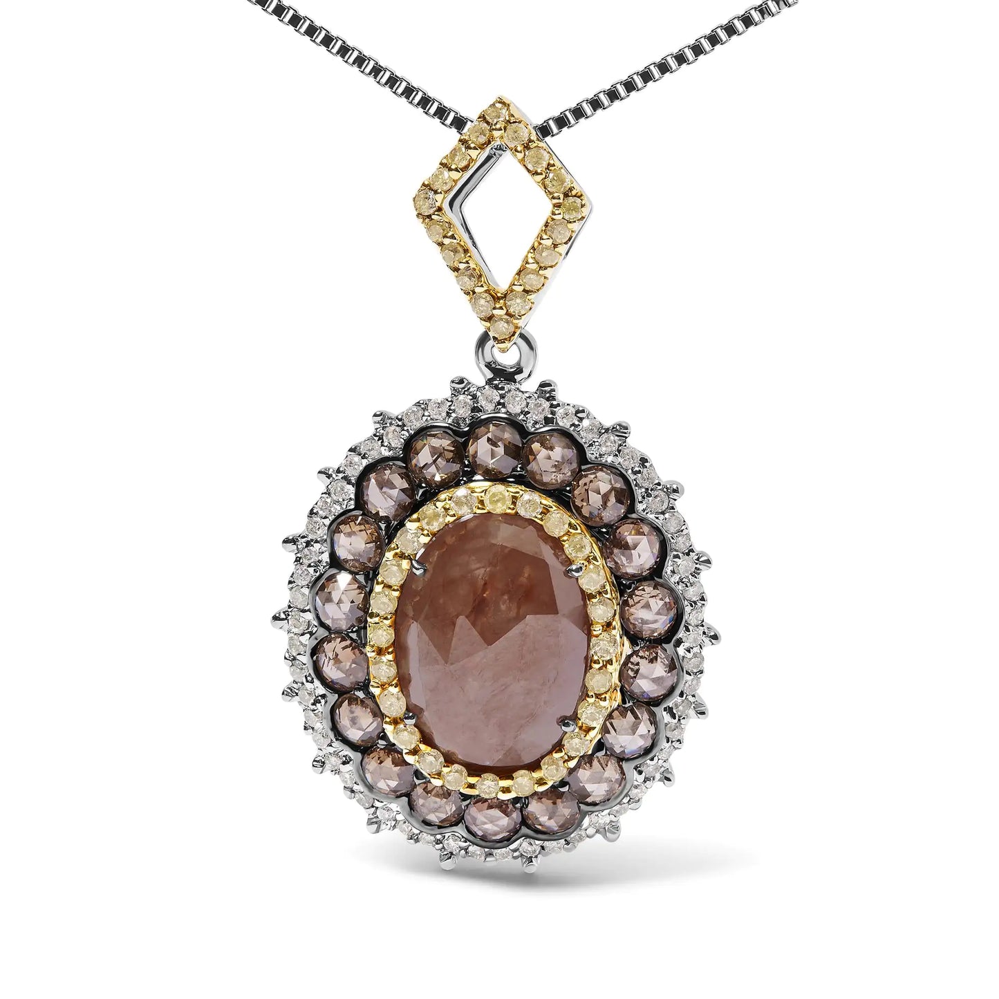 14K White Gold 3.00 Cttw Rose Cut Fancy Colored Diamond Triple Halo 18Introducing a mesmerizing masterpiece that encapsulates elegance and allure. Crafted in 14K white gold, this pendant necklace features a remarkable 3.00 carat total 14K White Gold 314K White Gold 3