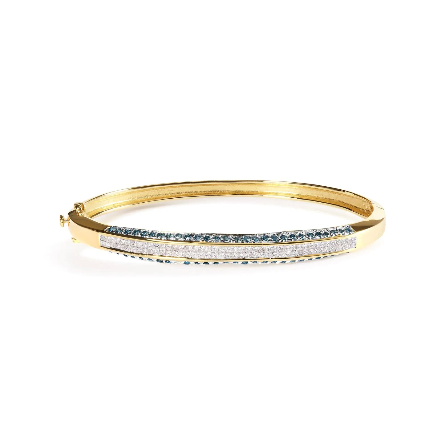 14K Yellow Gold 2.0 Cttw Treated Blue and White Diamond Bangle BraceleIndulge in the beauty of this 14K Yellow Gold Bangle Bracelet adorned with 142 Natural Princess-cut Diamonds totaling 2.0 Cttw. The treated Blue and White Diamonds a14K Yellow Gold 214K Yellow Gold 2