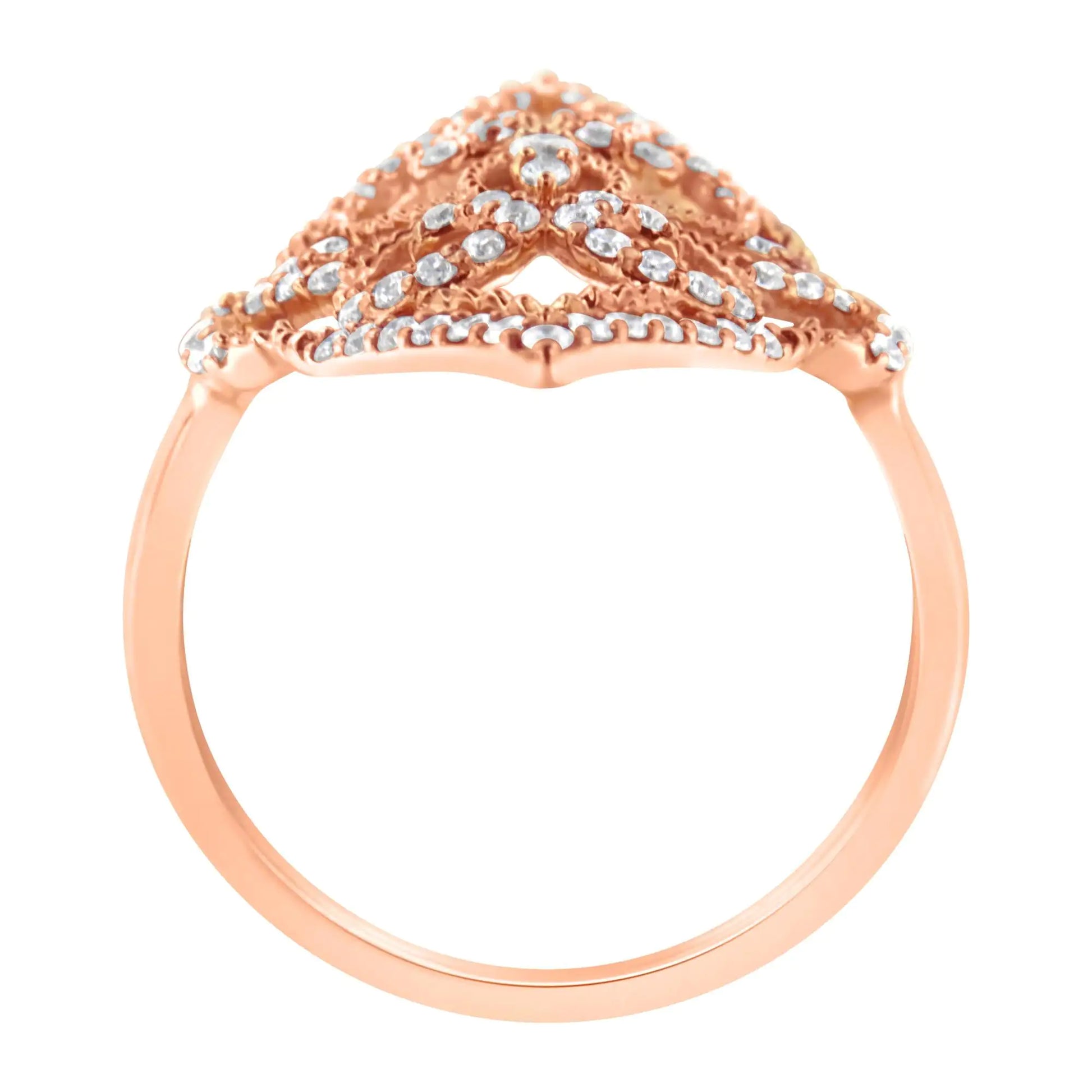 10K Rose Gold Diamond Cocktail Ring (1/2 Cttw, H-I Color, I1-I2 ClaritThis intricately designed cocktail ring features a central cluster of three round diamonds surrounded in an elaborate scrolled motif accented by further diamonds. Cr10K Rose Gold Diamond Cocktail Ring (1/2 Cttw,Rings10K Rose Gold Diamond Cocktail Ring (1/2 Cttw,