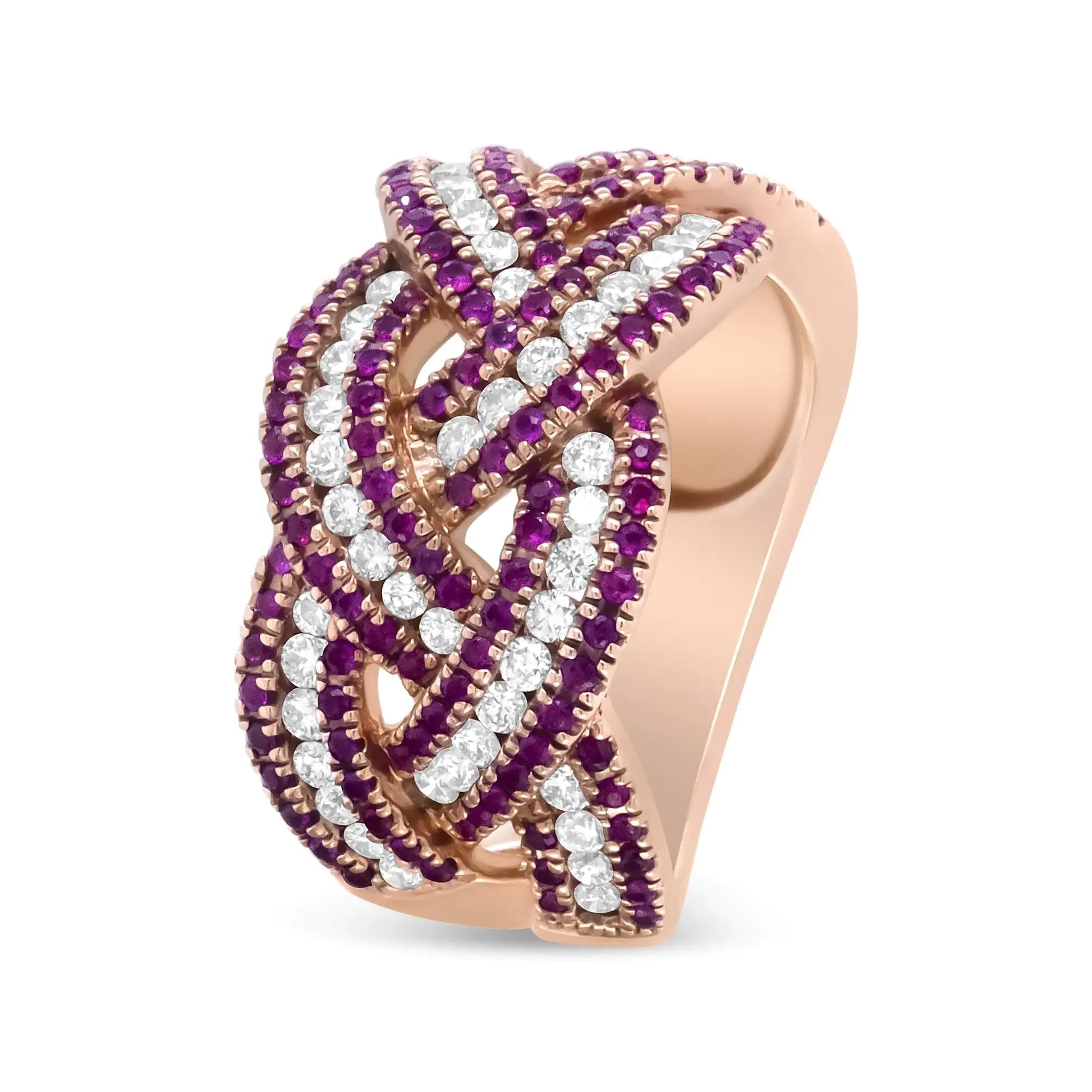 18K Rose Gold Red Ruby and 7/8 Cttw Diamond Woven Braided Band Ring (FRubies and diamonds dance delicately across this 18k rose gold band. Crafted with an intricate, bypass design, this ring is set with a total carat weight of 7/8 c.t.18K Rose Gold Red Ruby18K Rose Gold Red Ruby