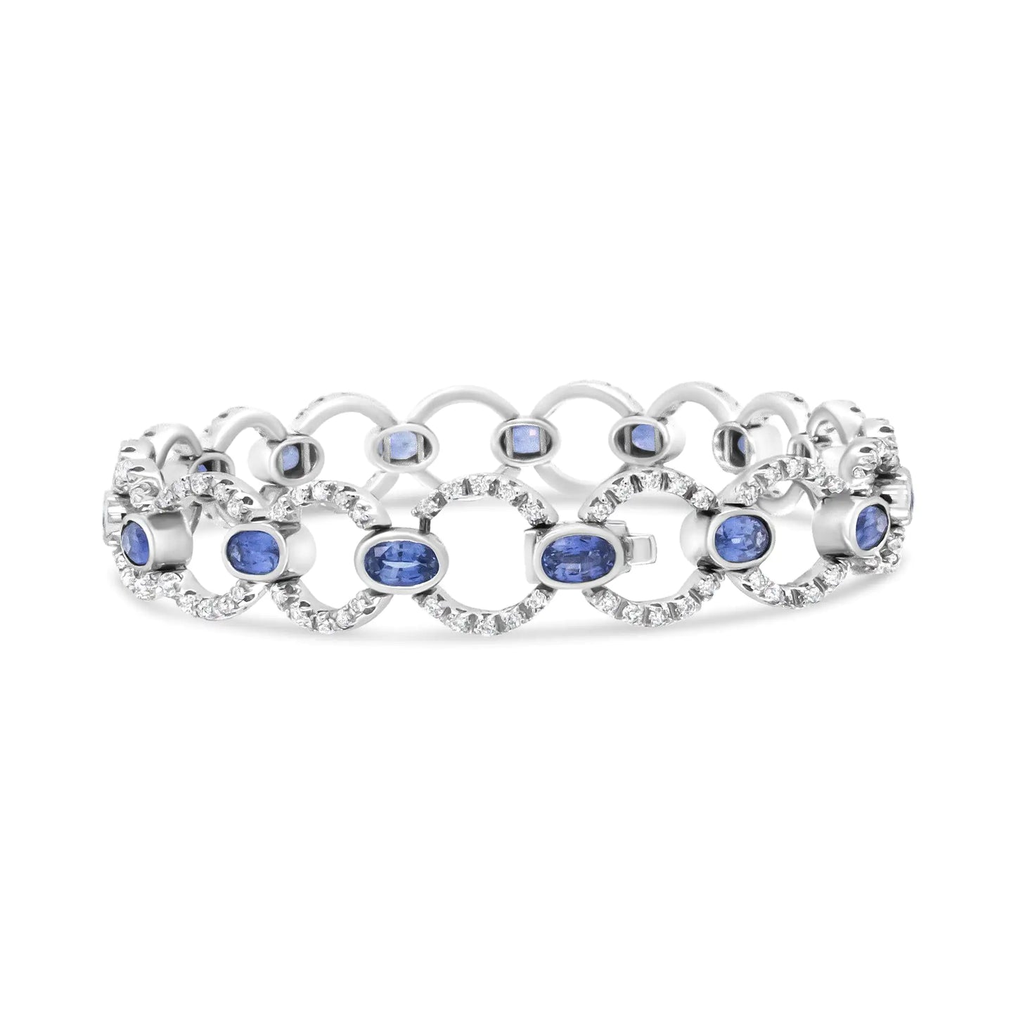 18K White Gold 6 Cttw Diamond and 5x3mm Oval Blue Sapphire Openwork CiThis luxury18k white gold link bracelet showcases a shimmering circle links set with glorious round white diamonds in prong settings. These sparkling stones total 6 5x3mm Oval Blue Sapphire Openwork Circle Link Bracelet 5x3mm Oval Blue Sapphire Openwork Circle Link Bracelet 