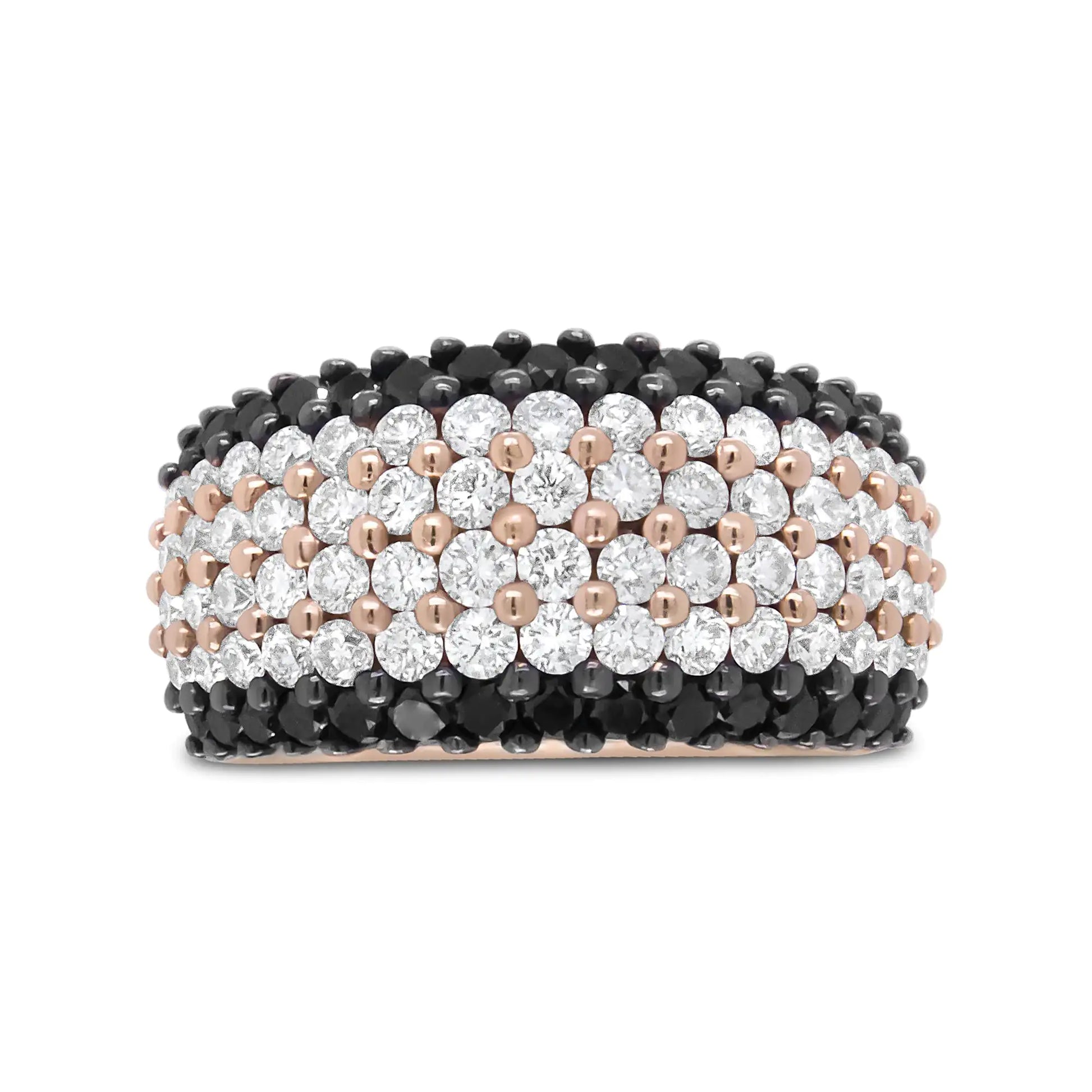 18K Rose Gold 2 1/5 Cttw Black and White Diamond 6 Row Band Ring (F-G Pops of rose gold dance delicately across this black and white colored piece. The 18k rose gold band has 4 central rows of natural white diamonds flanked by a row of18K Rose Gold 2 15 Cttw Black18K Rose Gold 2 15 Cttw Black