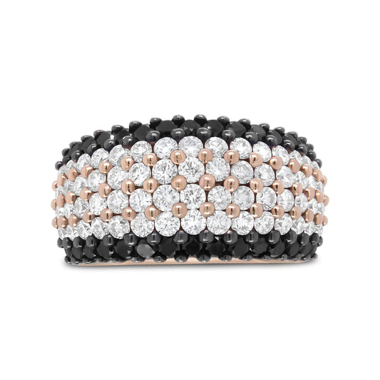 18K Rose Gold 2 1/5 Cttw Black and White Diamond 6 Row Band Ring (F-G Pops of rose gold dance delicately across this black and white colored piece. The 18k rose gold band has 4 central rows of natural white diamonds flanked by a row of18K Rose Gold 2 15 Cttw Black18K Rose Gold 2 15 Cttw Black