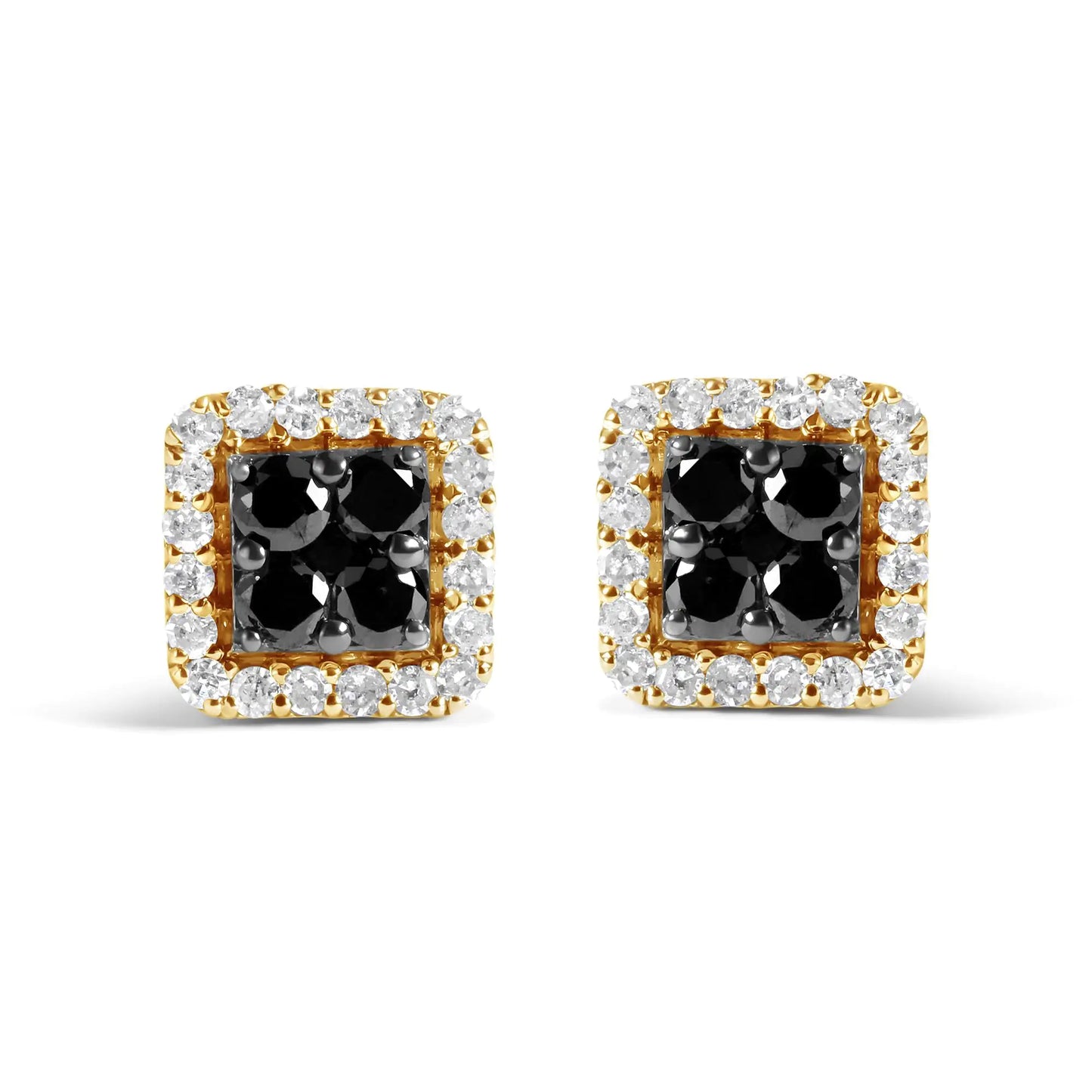 Men's 10K Yellow Gold White Halo Stud Earrings with Black and White Diamonds