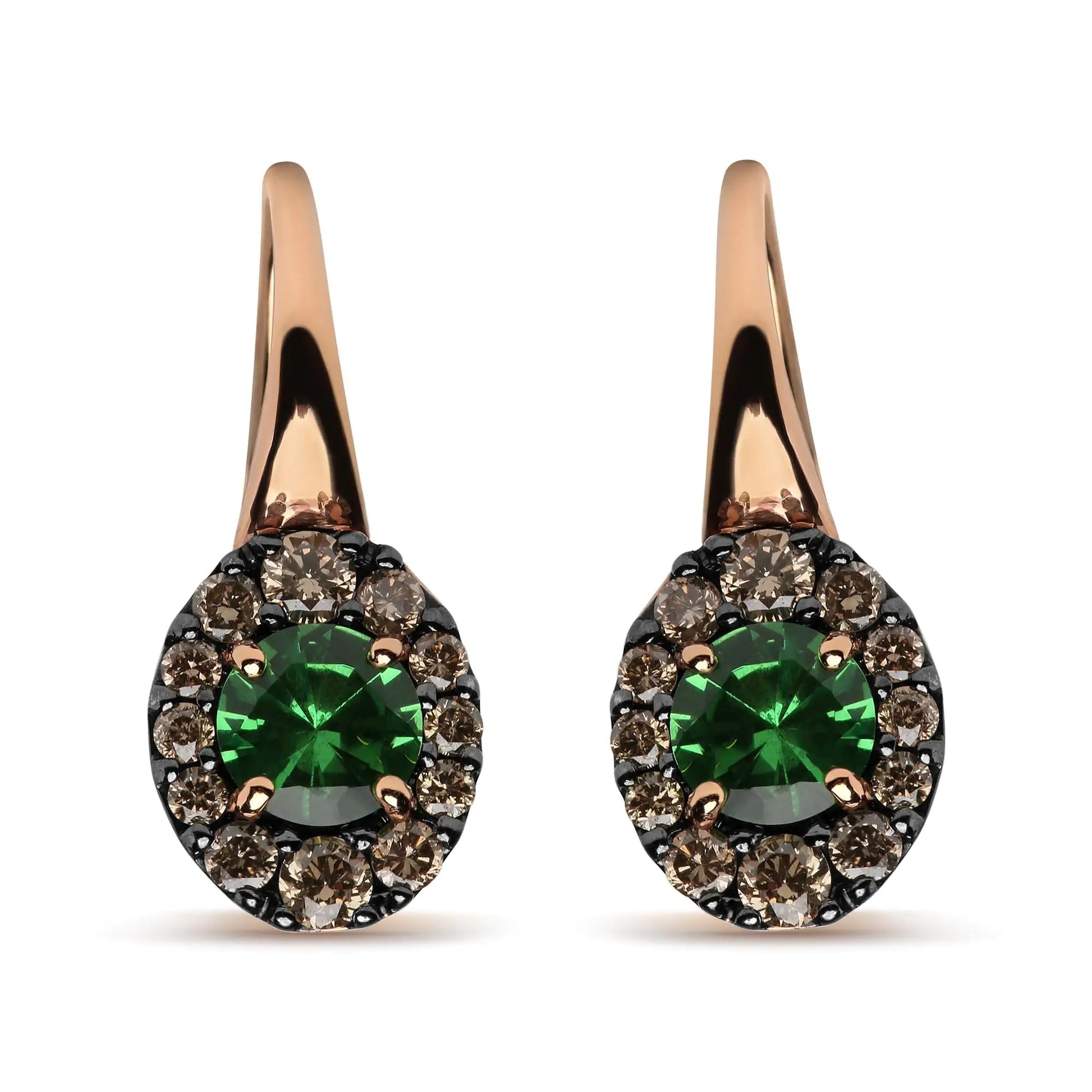 18K Rose and White Gold 3/8 Cttw Round Brown Diamonds and Round Green The striking beauty of natural gemstones is complemented by halos of diamonds in these sensational 18k rose and white gold drop hoop earrings. Nested within 4-prong 18K Rose18K Rose