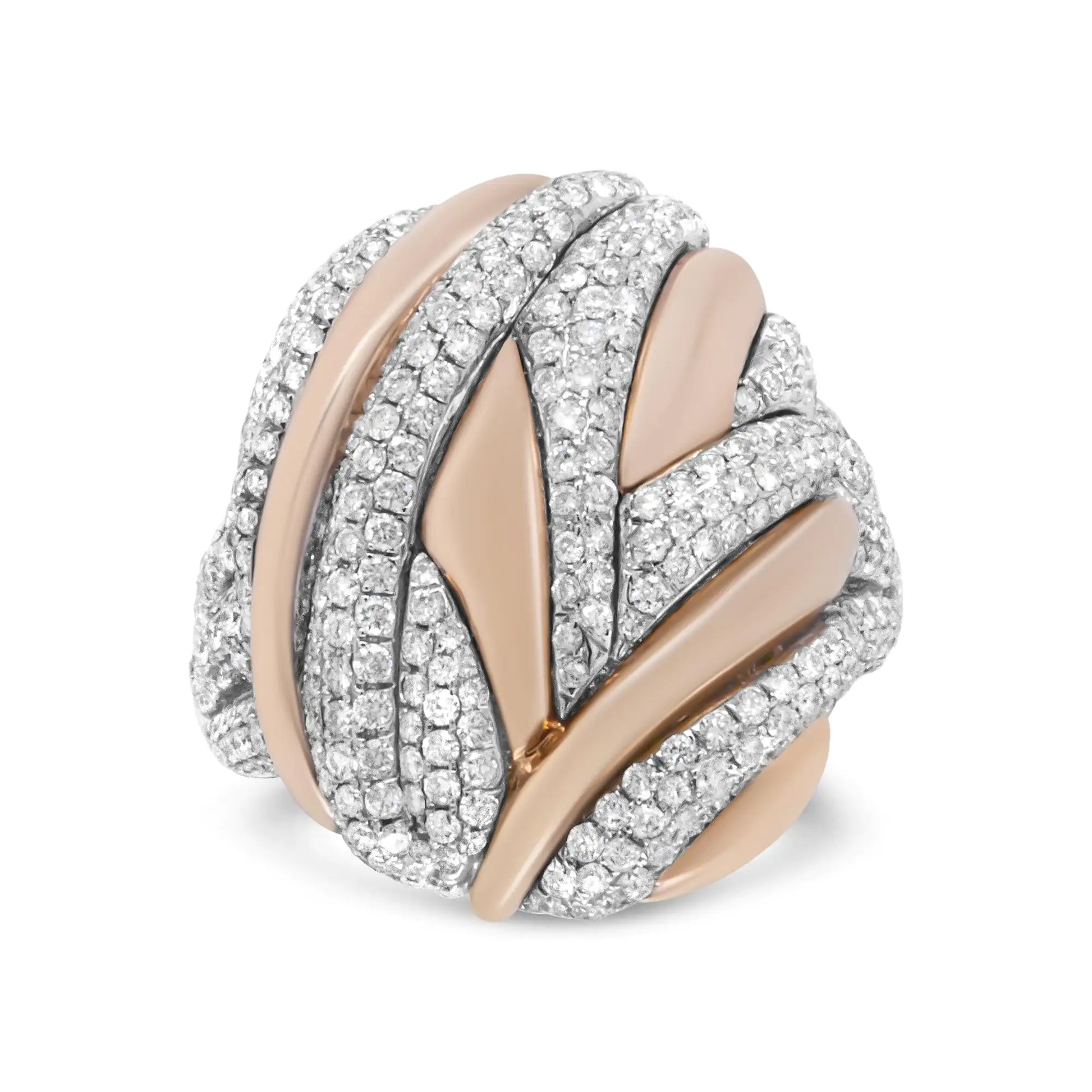 18K Rose and White Gold 1 7/8 Cttw Diamond and Gold Textured Dome CockDiscover the epitome of modern luxury with this stunning oval bypass ring. Crafted in rich 18k rose gold, the elegant design is intertwined with shimmering streaks o18K Rose18K Rose