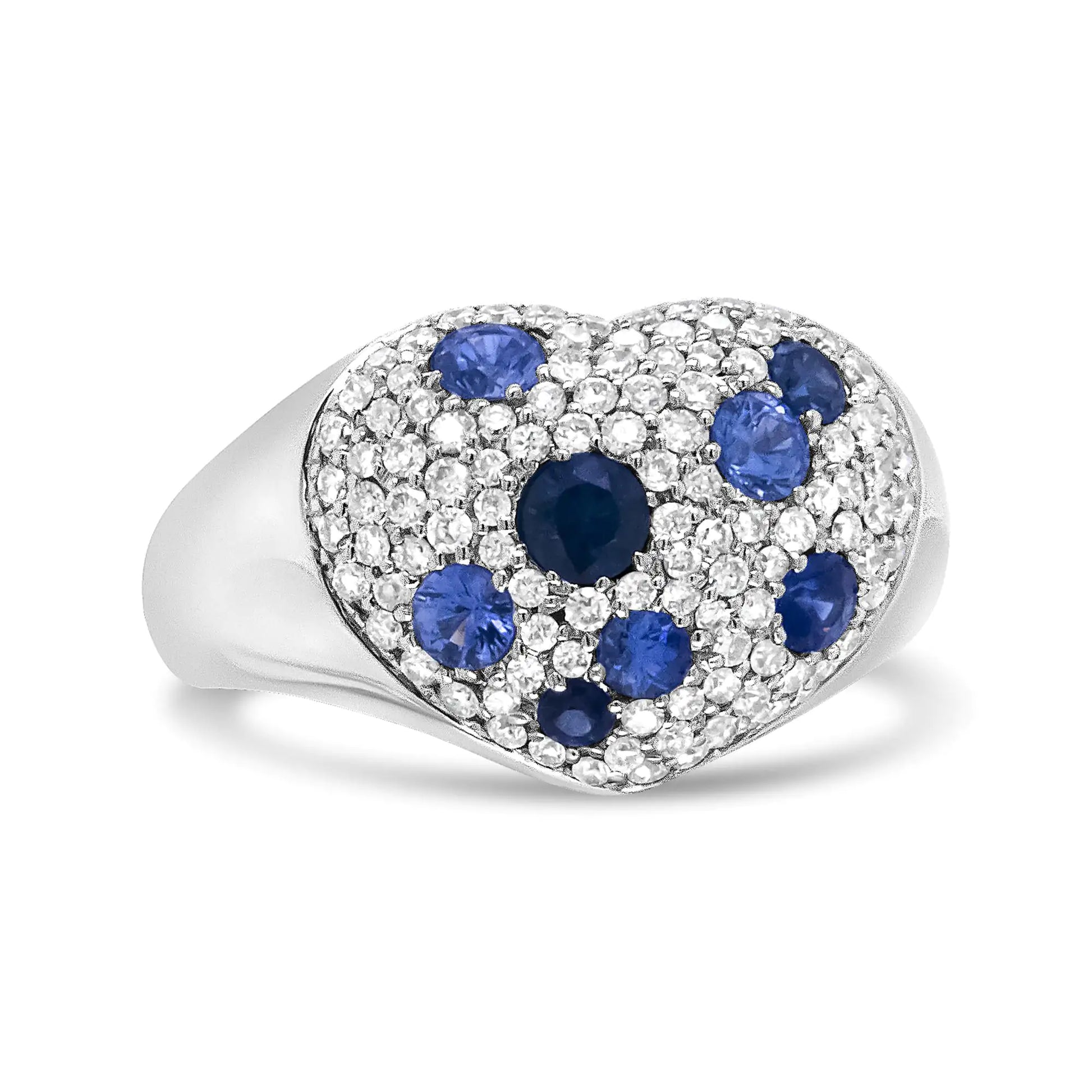 18K White Gold Blue Sapphire and 5/8 Cttw Diamond Cluster Heart ShapedThis piece embodies the phrase "a heart of gold." A beautiful cluster of natural white diamonds is the central motif of this 18k white gold ring. The cluster also ha18K White Gold Blue SapphireRings18K White Gold Blue Sapphire