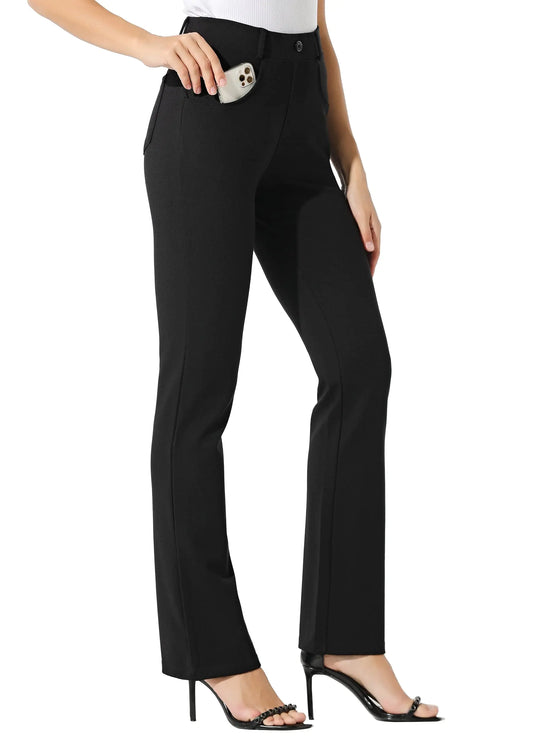 Women's Yoga Dress Pants Bootcut – Stretch Office Slacks with Belt Loops and Pockets