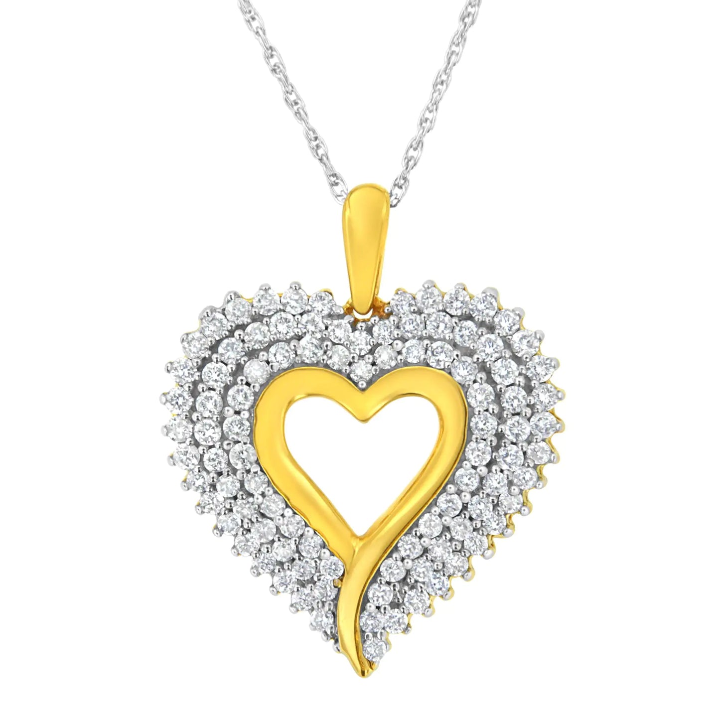 10K yellow and white gold plated sterling silver lab grown diamond heart pendant necklace with rope chain.