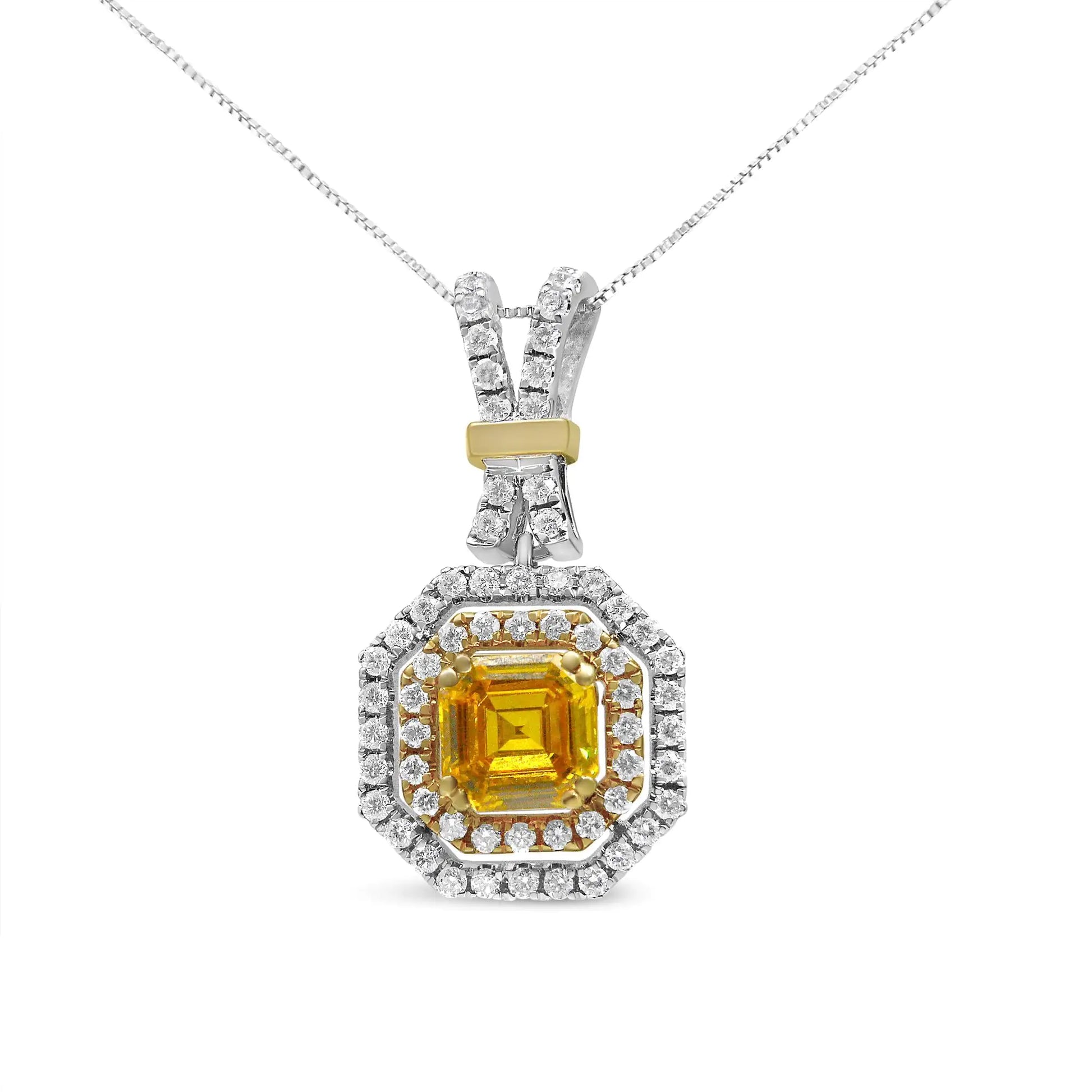 18K White and Yellow Gold 1.75 Cttw Lab Grown Treated Yellow Asscher CUnique and eye-catching, this glamorous pendant has an impressive total carat weight of 1.75 c.t. The central stone of this necklace is a lab-grown, asscher-cut yell75 Cttw Lab Grown Treated Yellow Asscher Center Diamond Halo 18" Pendant Necklace Yellow75 Cttw Lab Grown Treated Yellow Asscher Center Diamond Halo 18" Pendant Necklace Yellow