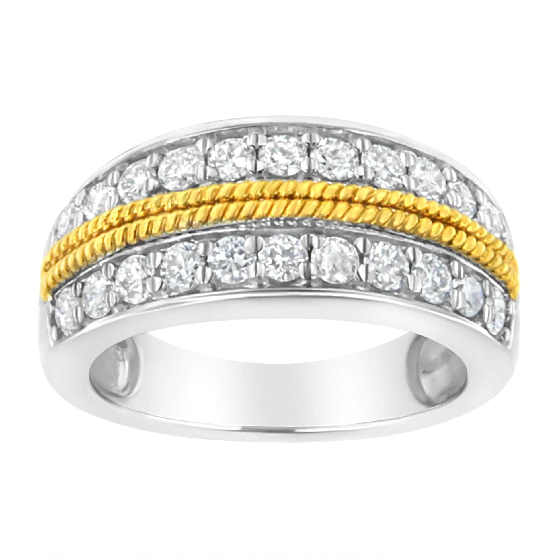 10k Yellow and White Gold Plated Sterling Silver 1 cttw Lab Grown DiamThis gorgeous modern band ring is crafted in the finest 10k yellow and white gold plated sterling silver. This 1 ct tdw piece is designed with 2 rows of lab-grown, rWhite Gold Plated Sterling Silver 1 cttw Lab Grown Diamond 2 Row Band Ring RingsWhite Gold Plated Sterling Silver 1 cttw Lab Grown Diamond 2 Row Band Ring 