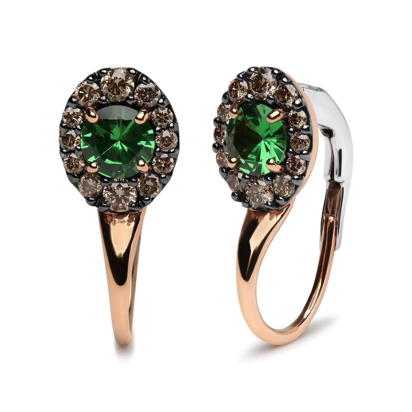 18K Rose and White Gold 3/8 Cttw Round Brown Diamonds and Round Green The striking beauty of natural gemstones is complemented by halos of diamonds in these sensational 18k rose and white gold drop hoop earrings. Nested within 4-prong 18K Rose18K Rose