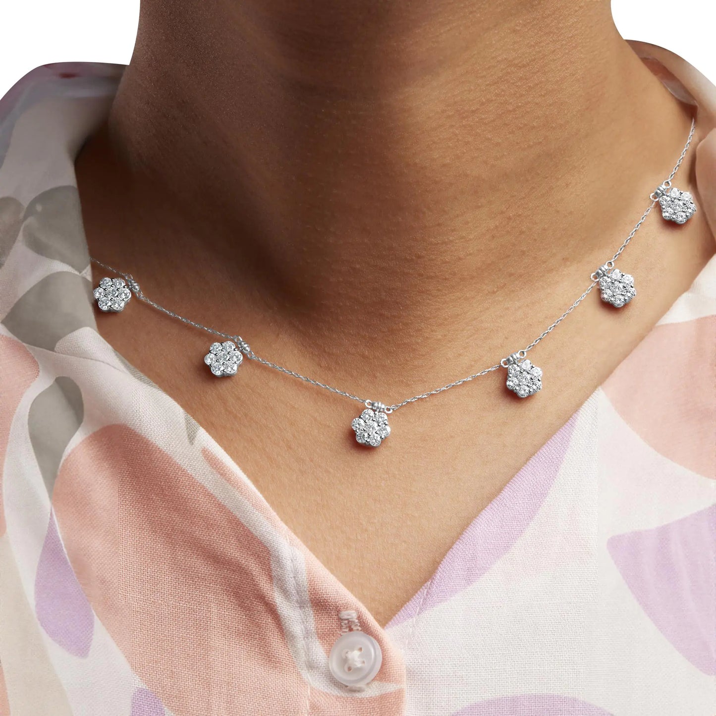 10K White Gold 3.0 Cttw Round-Cut Diamond 7 Stone Cluster Station NeckBring a touch of timeless elegance to your jewelry collection with this exquisite flower station necklace. Crafted from 10K white gold, this stunning piece features 10K White Gold 3Necklace10K White Gold 3