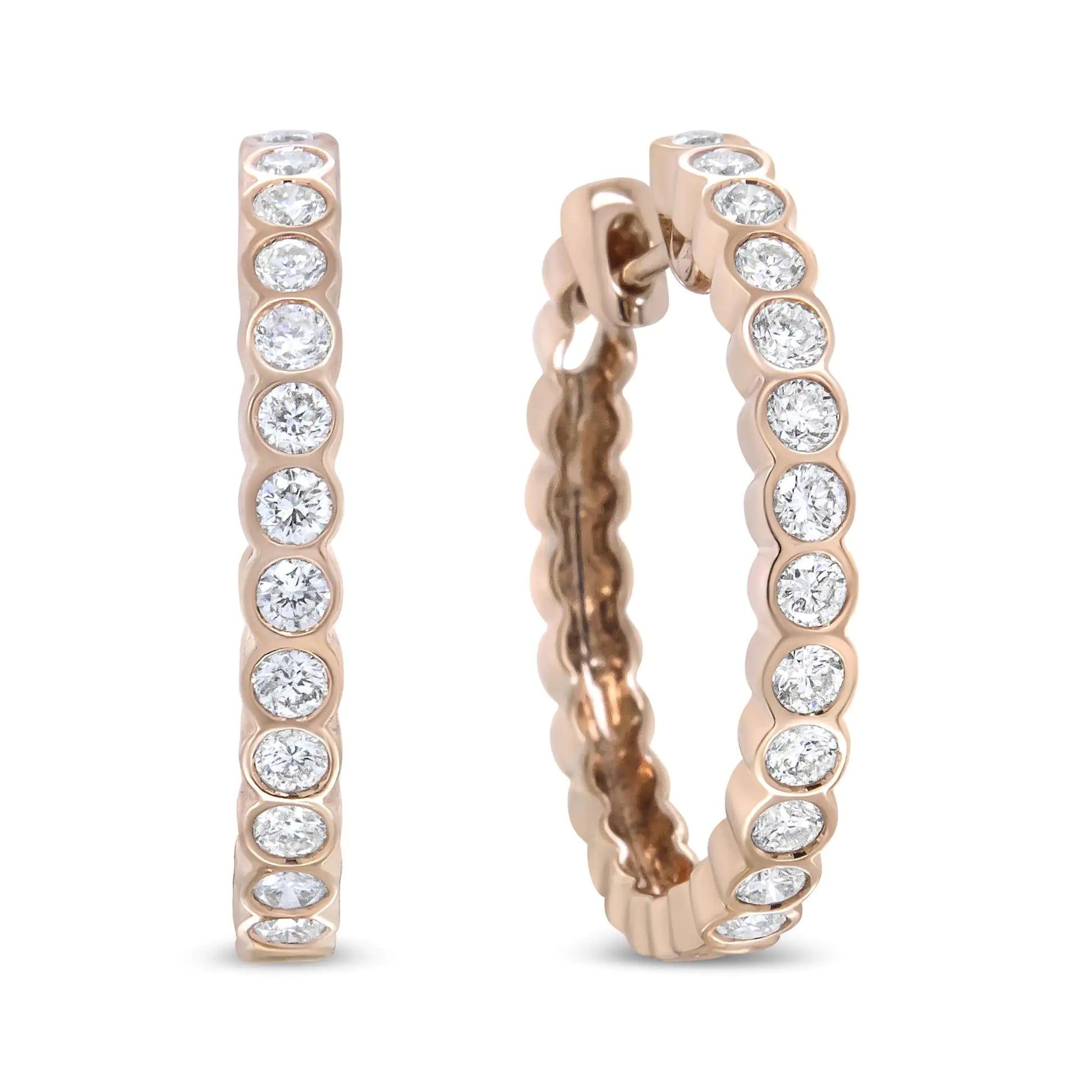 18K Rose Gold 1 Cttw Round Bezel-Set Diamond Hoop Earrings (F-G Color,Every detail of this pair of 18k rose gold hoop earrings is crafted to perfection for a sparkling and captivating style that that is eminently wearable. A gorgeous a18K Rose Gold 1 Cttw Round Bezel-Set Diamond Hoop Earrings 18K Rose Gold 1 Cttw Round Bezel-Set Diamond Hoop Earrings 