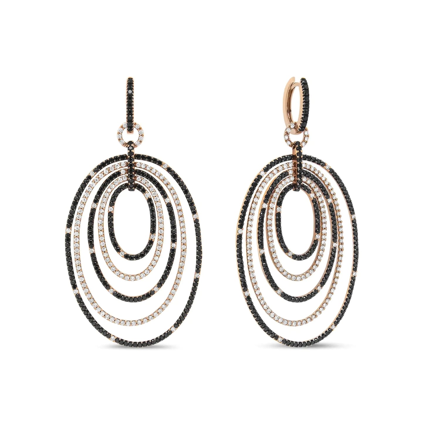 18K Rose Gold 5.00 Cttw Round Black and White Diamond Graduated Hoop DMake a statement with these stunning 18K Rose Gold Graduated Hoop Dangle Earrings, featuring 5.00 cttw of brilliant round black and white diamonds. The earrings' uniWhite Diamond Graduated Hoop Dangle EarringsEarringsWhite Diamond Graduated Hoop Dangle Earrings