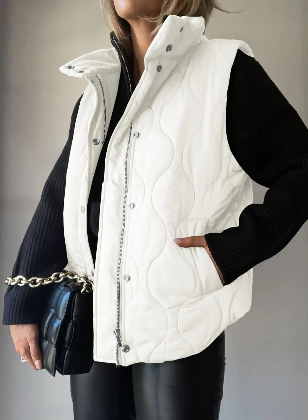 EVALESS Cropped Puffer Vest Women Lightweight Quilted Stand Collar Sleeveless Jackets Fall Button Zip Up Warm Coat Outerwear X-Large White