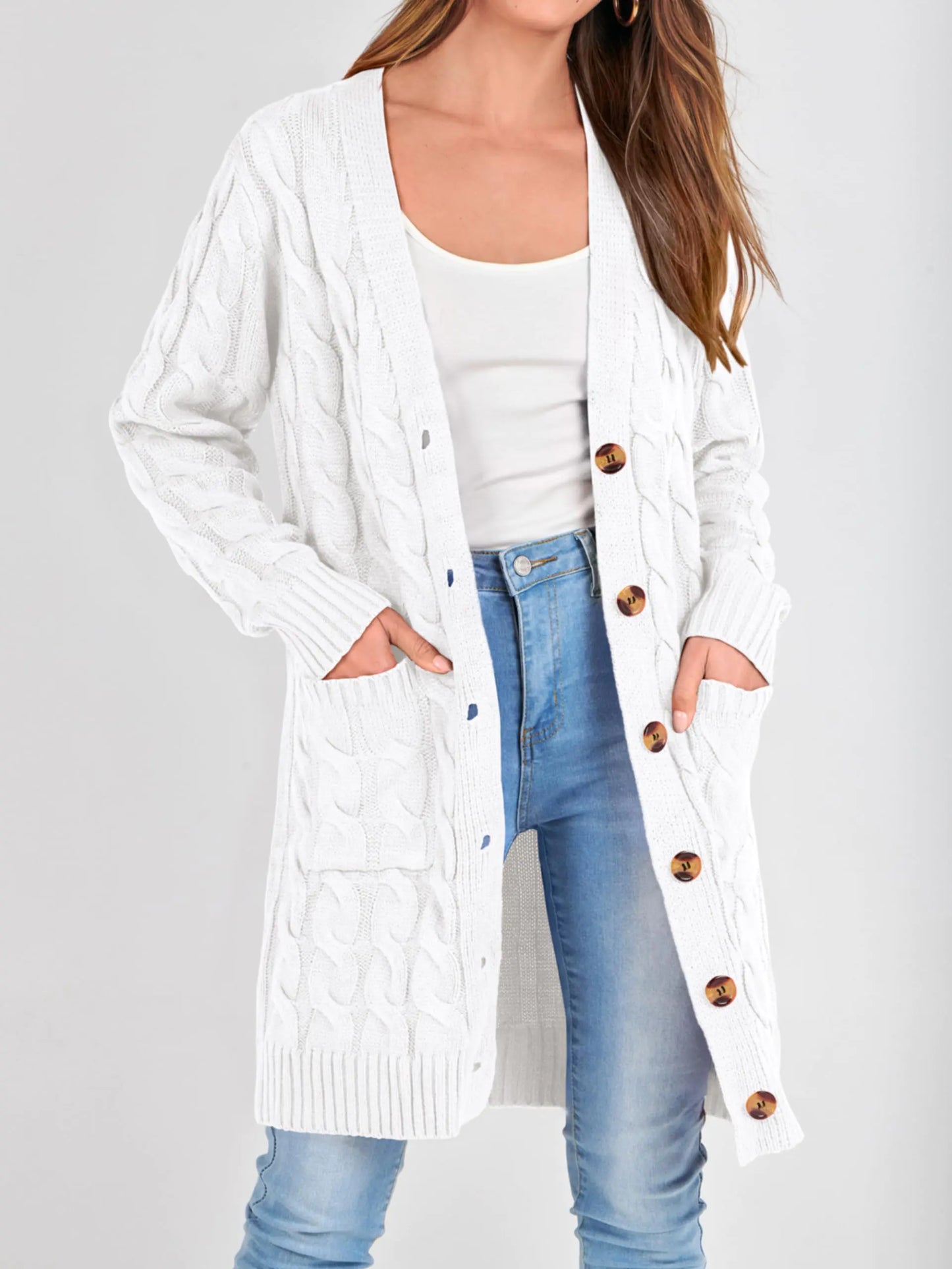 PRETTYGARDEN Long Sleeve Cable Knit Long Cardigan for Women 2024 Fall Winter Chunky Open Front Button Sweaters with Pockets Large Snow White