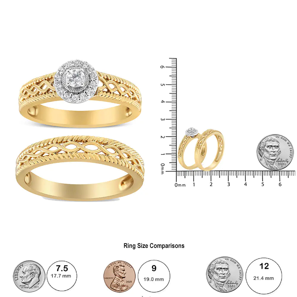 14K Yellow Gold Plated .925 Sterling Silver 1/5 Cttw Diamond Halo EngaCelebrate eternal love with this exquisite engagement ring and wedding band set, masterfully crafted in 14K yellow gold-plated .925 sterling silver. The ensemble fea14K Yellow Gold Plated14K Yellow Gold Plated