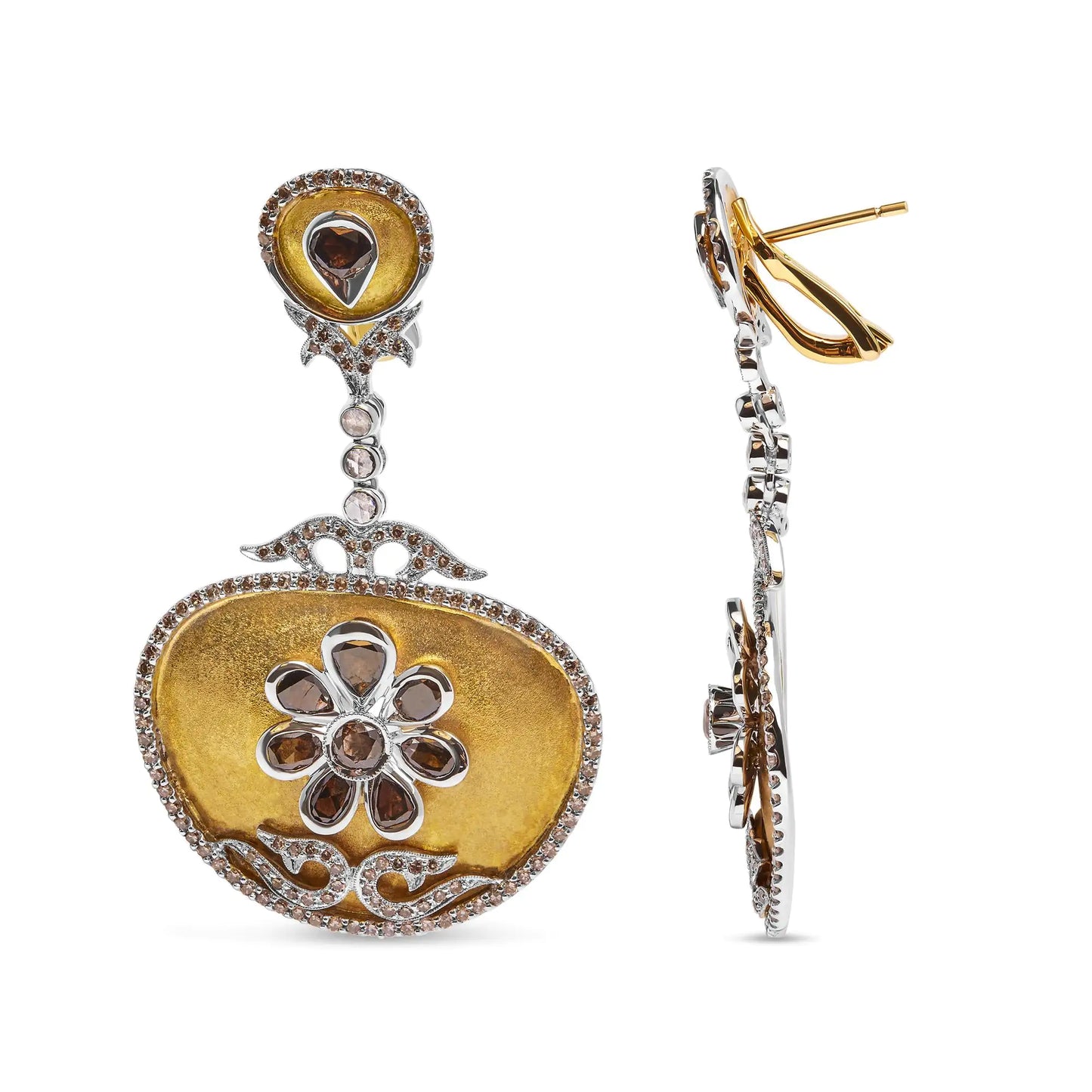 14K White & Yellow Gold Medallion Dangle Earrings – 5 1/4 CTTW Rose-CuExperience luxurious sophistication with these 14K White &amp; Yellow Gold Medallion Dangle Earrings, featuring an impressive 5 1/4 carats total diamond weight (CTTW14K White & Yellow Gold Medallion Dangle Earrings – 5 14 CTTW Rose-Cut Diamond EleganceEarrings14K White & Yellow Gold Medallion Dangle Earrings – 5 14 CTTW Rose-Cut Diamond Elegance