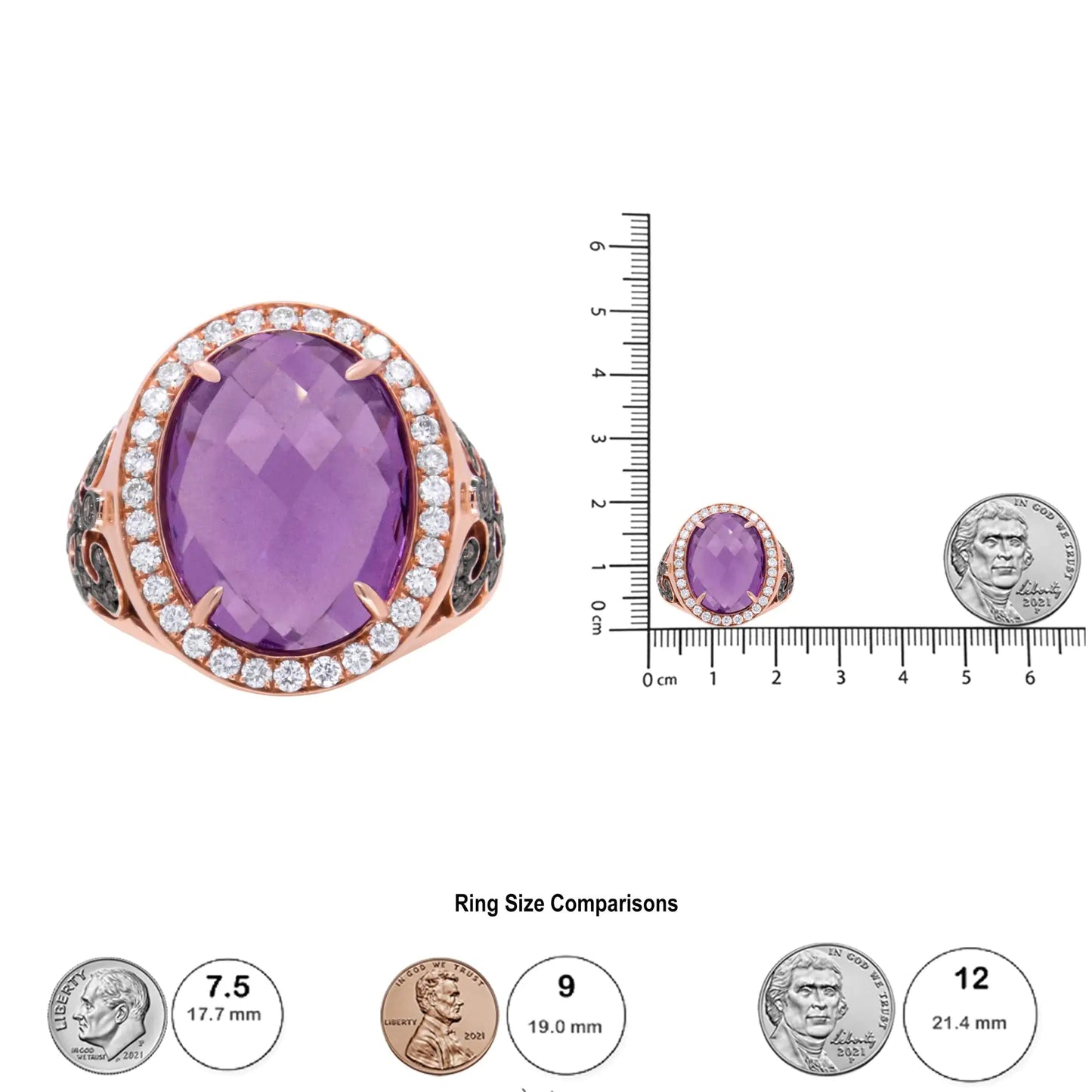 18K Rose Gold 18x13 MM Oval Cut Purplse Amethyst and 1.00 Cttw DiamondA beautiful oval shaped purple amethyst captivates the soul of this once-in-a-lifetime ring. Sitting as the central motif, the gemstone is 18x13mm in size and rests 18K Rose Gold 18x13 MM Oval Cut Purplse Amethyst18K Rose Gold 18x13 MM Oval Cut Purplse Amethyst