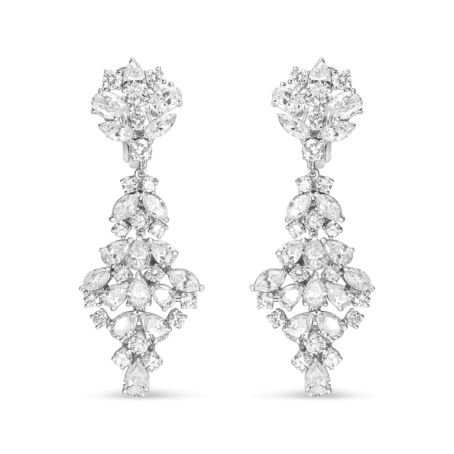 18K White Gold 9 1/2 Cttw Diamond Cluster Drop Dangle Clip-On EarringsBrimming with the vivacious sparkle of natural, white diamonds, these dazzling drop earrings for her feature marquise, oval, pear, and round shaped diamonds in a pro18K White Gold 9 12 Cttw Diamond Cluster Drop Dangle Clip-Earrings18K White Gold 9 12 Cttw Diamond Cluster Drop Dangle Clip-