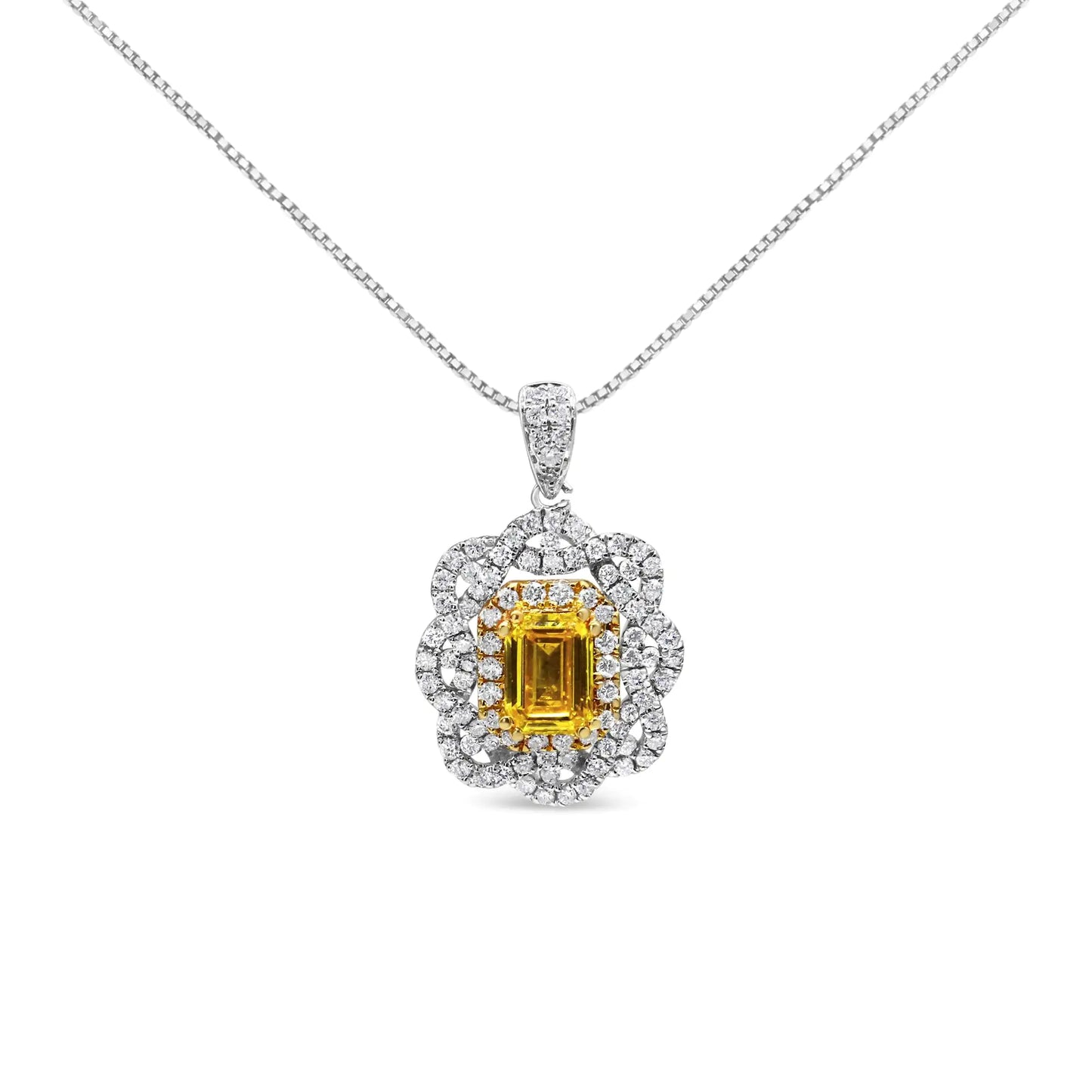 18K Yellow and White Gold 1.75 Cttw Diamond Lab Grown Treated Yellow ETreat yourself to this glamorous 1.75 c.t. diamond fashion necklace, elegantly crafted in 18k white gold, a metal that will stay tarnish free for years to come. The 75 Cttw Diamond Lab Grown Treated Yellow Emerald Center Diamond Halo 18" Pendant Necklace Yellow75 Cttw Diamond Lab Grown Treated Yellow Emerald Center Diamond Halo 18" Pendant Necklace Yellow