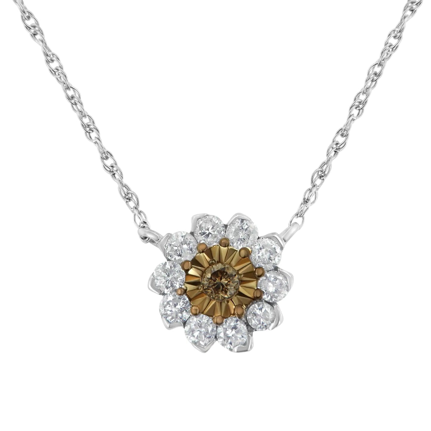 Brown Rhodium over .925 Sterling Silver 1/2 Cttw Diamond Miracle PlateThis stunning floral pendant necklace features ½ carat total weight with 11 individual stones. The center of the pendant features a round, brilliant cut diamond in aBrown RhodiumBrown Rhodium