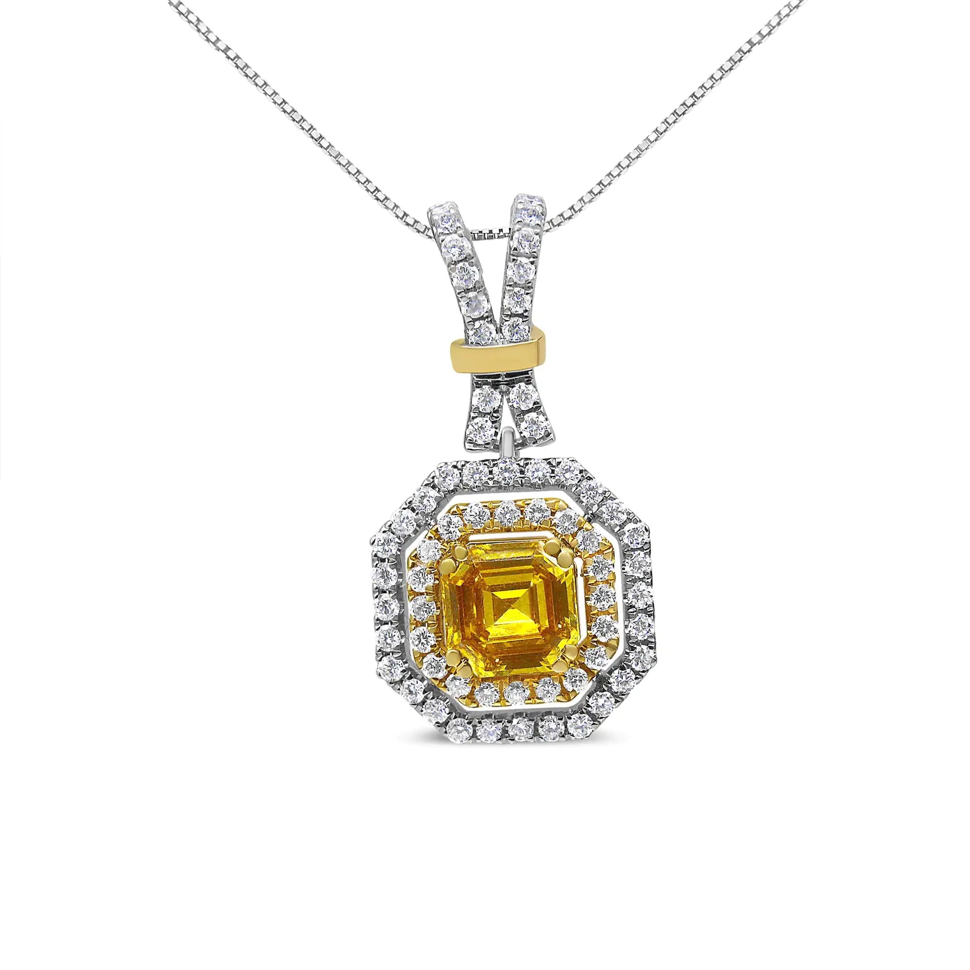 18K White and Yellow Gold 1.75 Cttw Lab Grown Treated Yellow Asscher CUnique and eye-catching, this glamorous pendant has an impressive total carat weight of 1.75 c.t. The central stone of this necklace is a lab-grown, asscher-cut yell75 Cttw Lab Grown Treated Yellow Asscher Center Diamond Halo 18" Pendant Necklace Yellow75 Cttw Lab Grown Treated Yellow Asscher Center Diamond Halo 18" Pendant Necklace Yellow