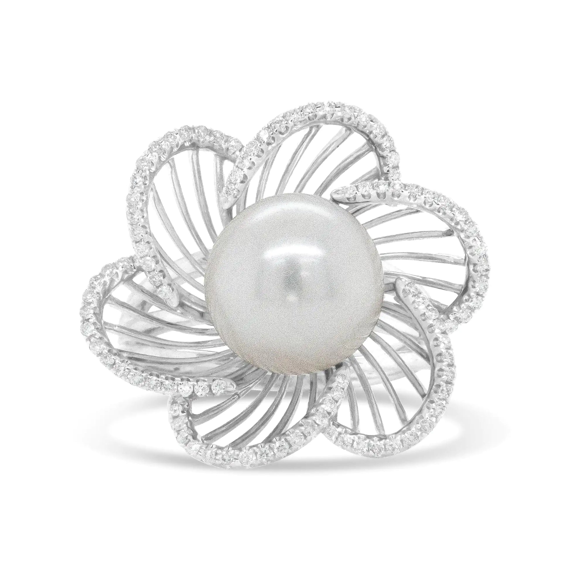 14K White Gold 11mm Round Pearl and 1/3 Cttw Round Diamond Openwork FlThe timeless style of this stunning 14k white gold ring will always be in season. In a floral motif, this ring features an elegant 11mm round pearl at its center. Th14K White Gold 11mm Round Pearl14K White Gold 11mm Round Pearl