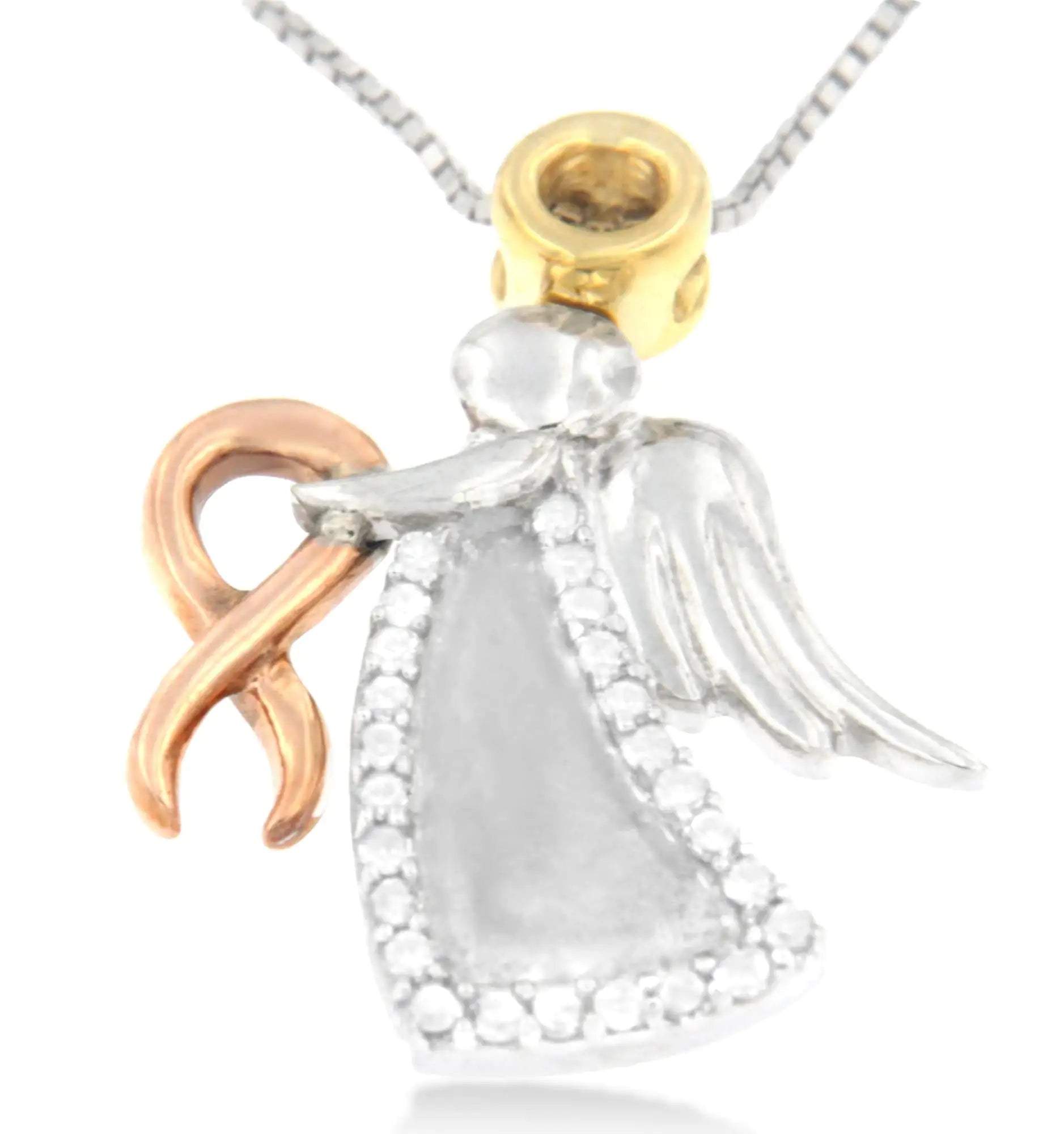 10K Tri-Color Gold Diamond-Accented Angel Awareness Ribbon Pendant NecThis charming pendant showcases that angels do exist. Gently clasping 10 karats rose gold ribbon in her hands, the beautiful angel is depicted in the two tone gold a10K Tri-Color Gold Diamond-Accented Angel Awareness Ribbon Pendant Necklace Necklace10K Tri-Color Gold Diamond-Accented Angel Awareness Ribbon Pendant Necklace 