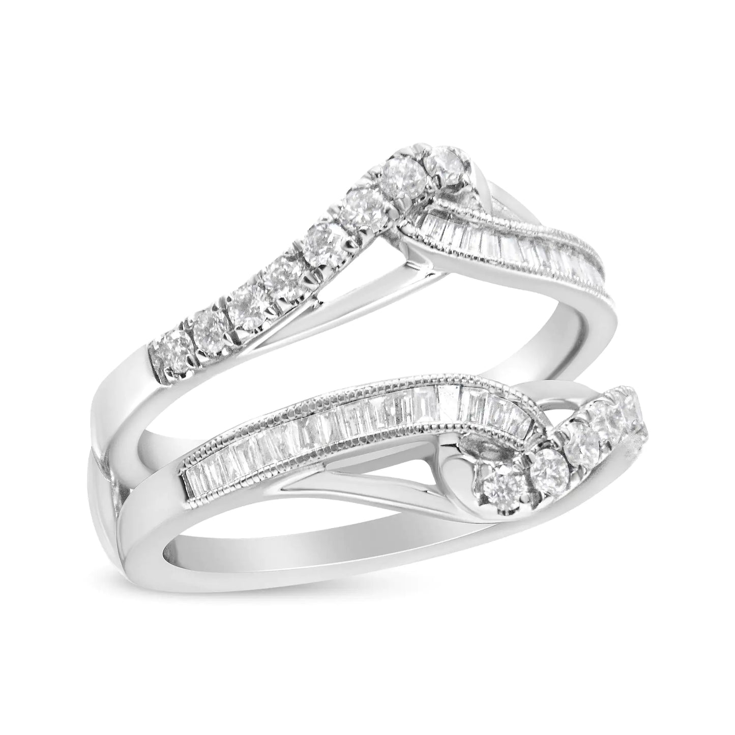 14K White Gold 0.65 Cttw Round and Baguette Invisible-Set Diamond EnhaThis sparkling ring enhancer is a piece that will instantly elevate her bridal or diamond solitaire ring. The look displays a top and bottom row of round diamonds in14K White Gold 014K White Gold 0