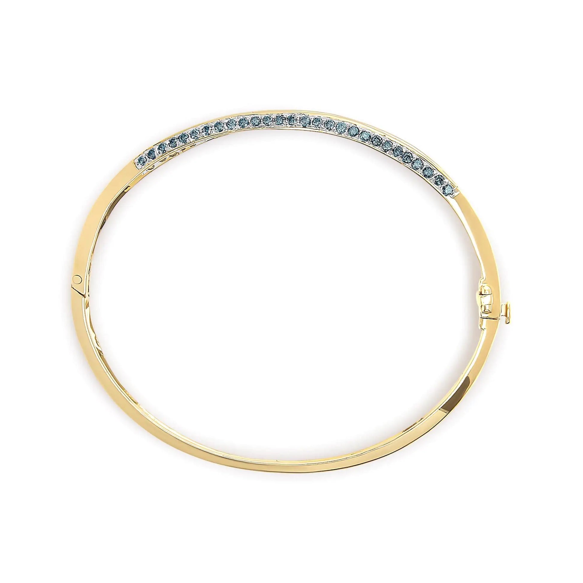 14K Yellow Gold 2.0 Cttw Treated Blue and White Diamond Bangle BraceleIndulge in the beauty of this 14K Yellow Gold Bangle Bracelet adorned with 142 Natural Princess-cut Diamonds totaling 2.0 Cttw. The treated Blue and White Diamonds a14K Yellow Gold 214K Yellow Gold 2