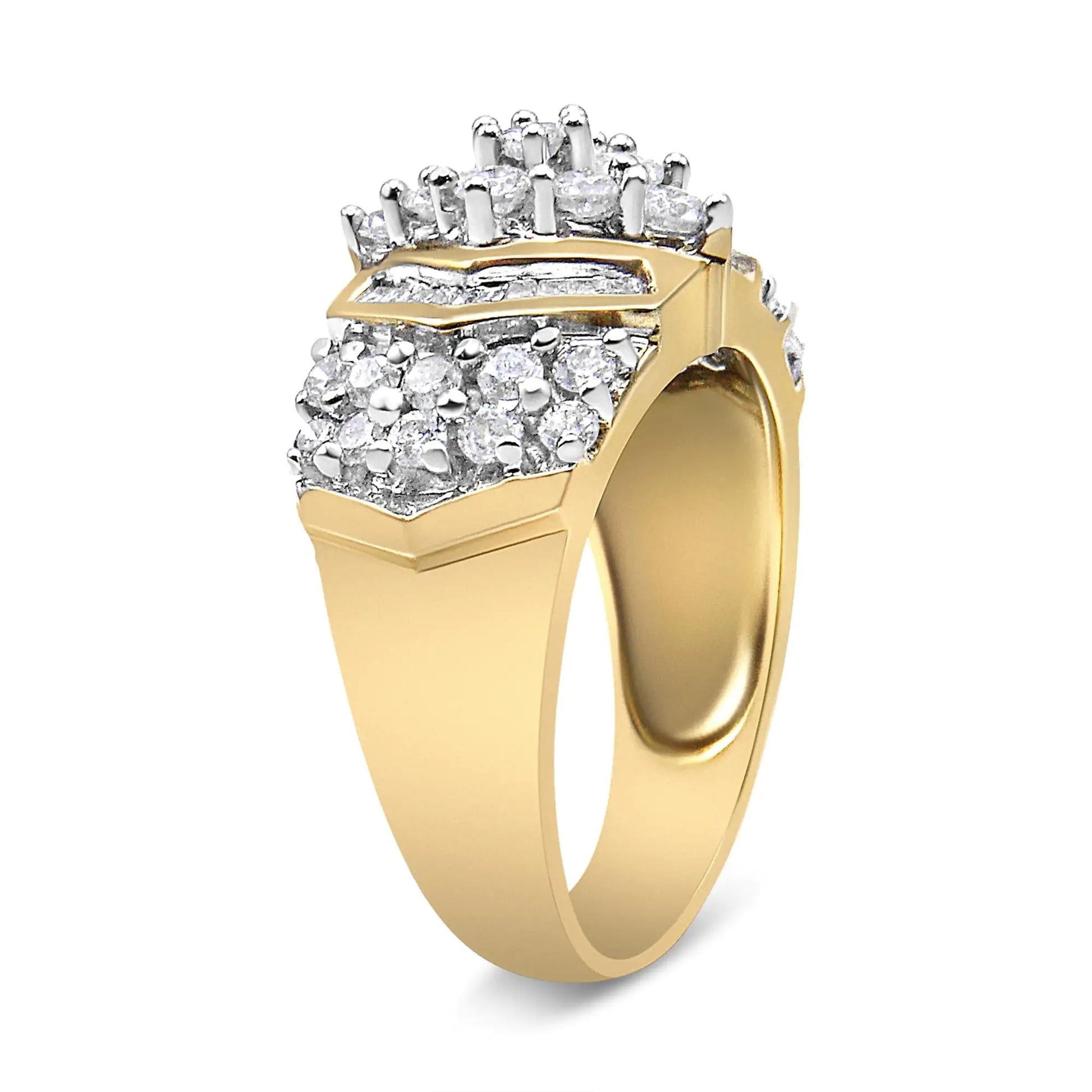 10K Yellow and White Gold 1.00 Cttw Round and Baguette-Cut Diamond CluUniquely beautifully, this beautiful ring has a geometric design embellished with an impressive total diamond weight of 1.00 c.t. The band is crafted in 10k yellow gWhite Gold 1RingsWhite Gold 1