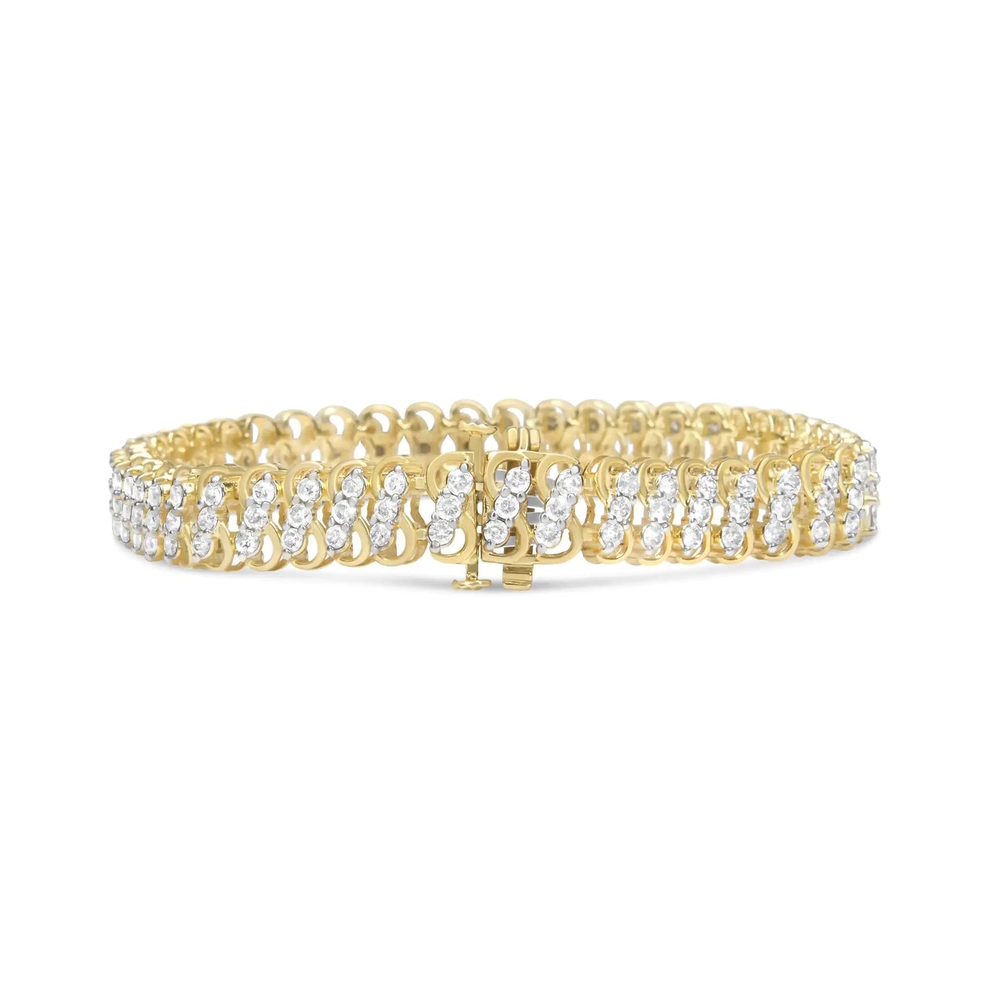 10K Yellow Gold Triple-Row Diamond Tennis Bracelet – 4.00 CaratsDazzle with this 10K Yellow Gold Triple-Row Diamond Tennis Bracelet, showcasing 4.00 carats of radiant diamonds arranged in a luxurious three-row design. The brillia10K Yellow Gold Triple-Row Diamond Tennis Bracelet – 4Bracelet10K Yellow Gold Triple-Row Diamond Tennis Bracelet – 4