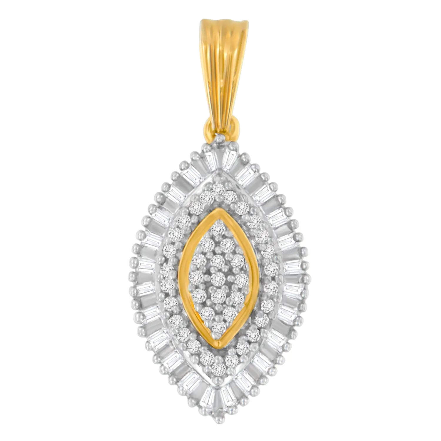 10K yellow gold multi-cut diamond golden burst halo pendant necklace with round and baguette diamonds.