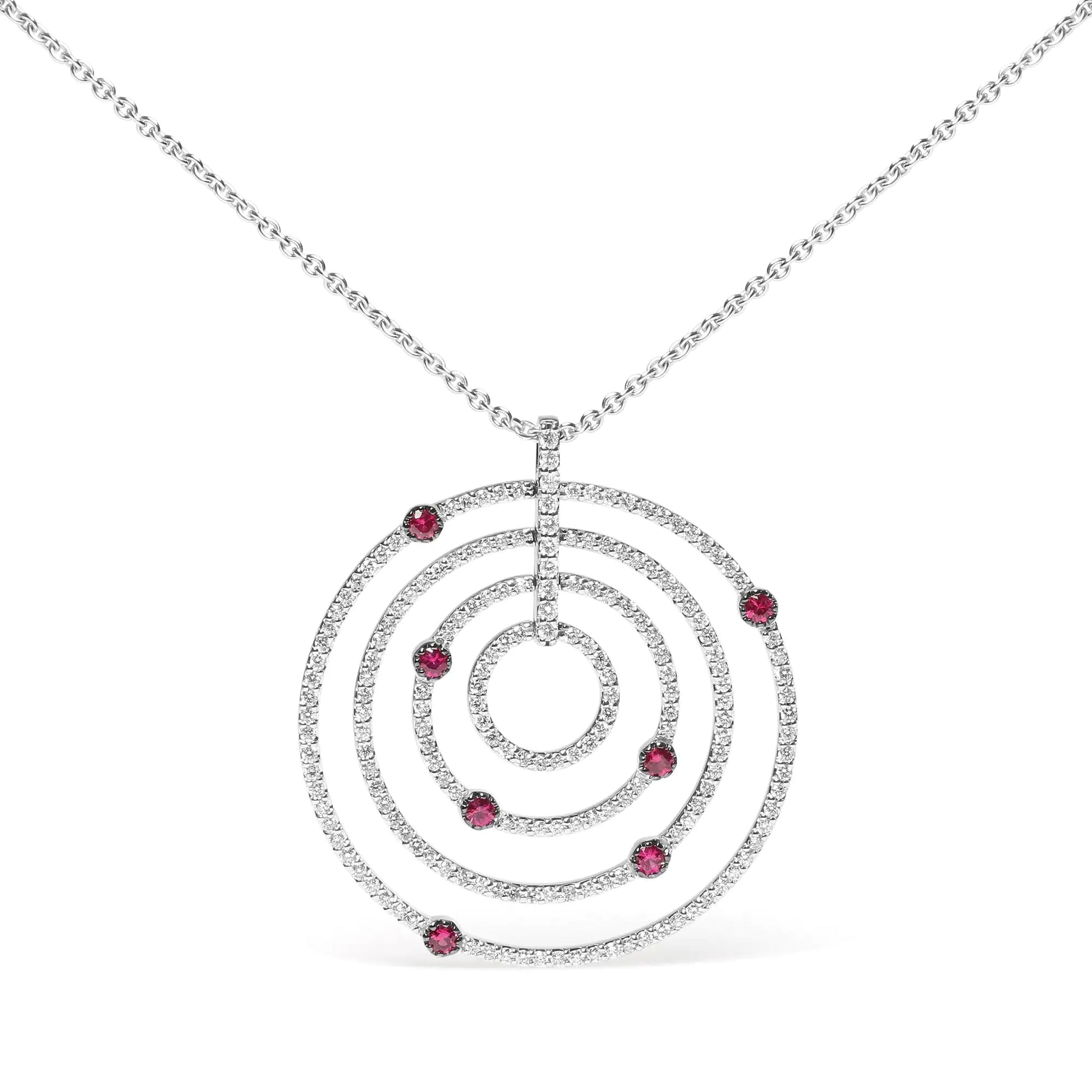 18K white gold pendant necklace with pave-set diamonds and red rubies.