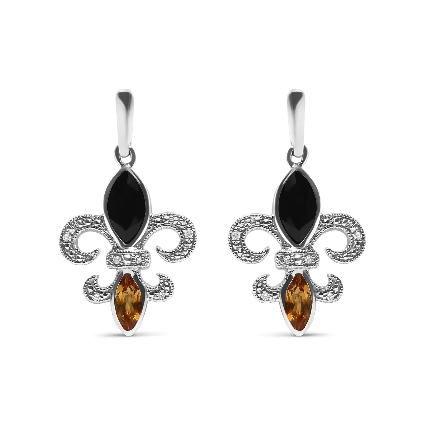 Sterling silver marquise cut onyx drop stud earrings with citrine and diamond accents in fleur de lis design.