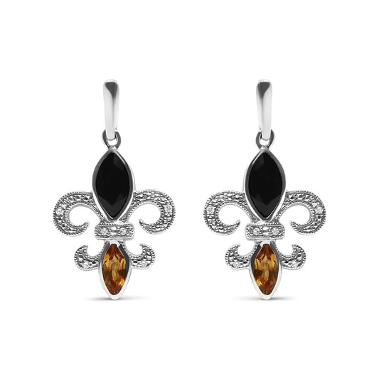 Sterling silver marquise cut onyx drop stud earrings with citrine and diamond accents in fleur de lis design.