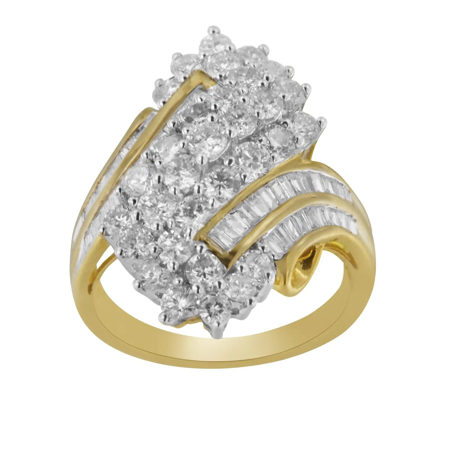 10kt Yellow Gold Diamond Cluster Ring (2 5/8 cttw, H-I Color, SI2-I1 CA diamond cluster ring that glistens with a striking 81 diamonds arranged in a retro style. The mix of round brilliant cut and baguette diamonds adds a geometric con10kt Yellow Gold Diamond Cluster Ring (2 5/8 cttw,Rings10kt Yellow Gold Diamond Cluster Ring (2 5/8 cttw,