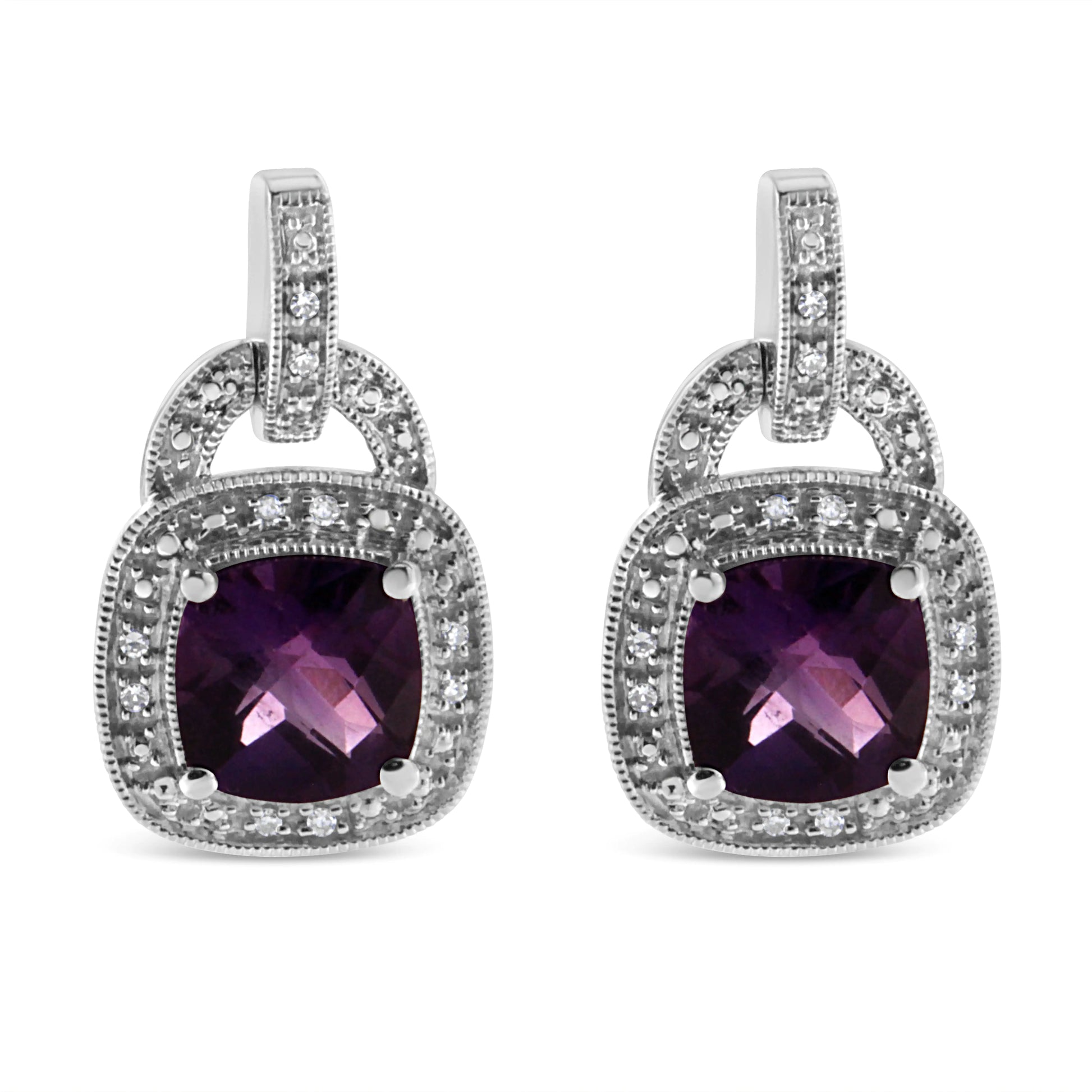 .925 Sterling Silver 8MM Amethyst & Diamond Accent Halo Dangle EarringAdd a touch of elegance with these .925 sterling silver dangle earrings featuring 8MM natural cushion-shaped amethyst stones surrounded by a halo of diamond accents.925 Sterling Silver 8MM Amethyst & Diamond Accent Halo Dangle Earrings –Earrings925 Sterling Silver 8MM Amethyst & Diamond Accent Halo Dangle Earrings –