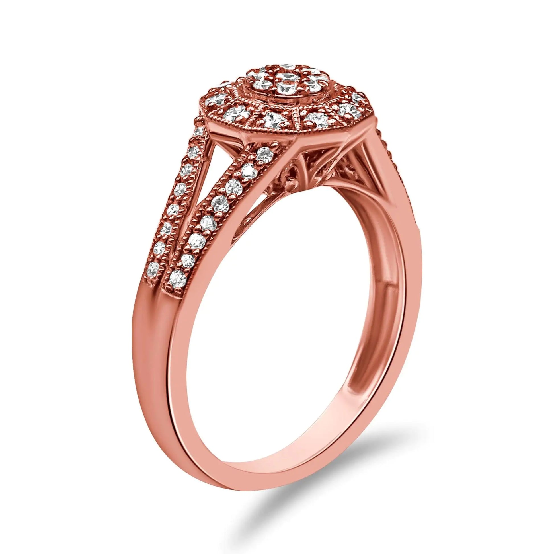 14K Rose Gold Plated .925 Sterling Silver 1/2 Cttw Pave Diamond Halo CThis devastatingly gorgeous cocktail ring brings on the charm with a gorgeous breadth of round, pave-set diamonds. A center cluster of diamonds gives a floral inspir14K Rose Gold Plated14K Rose Gold Plated