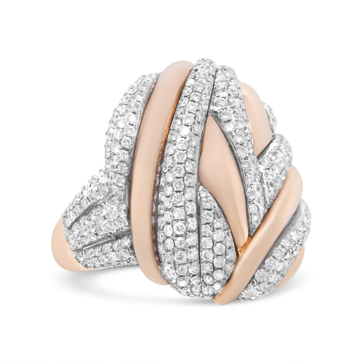 18K Rose and White Gold 1 7/8 Cttw Diamond and Gold Textured Dome CockDiscover the epitome of modern luxury with this stunning oval bypass ring. Crafted in rich 18k rose gold, the elegant design is intertwined with shimmering streaks o18K Rose18K Rose