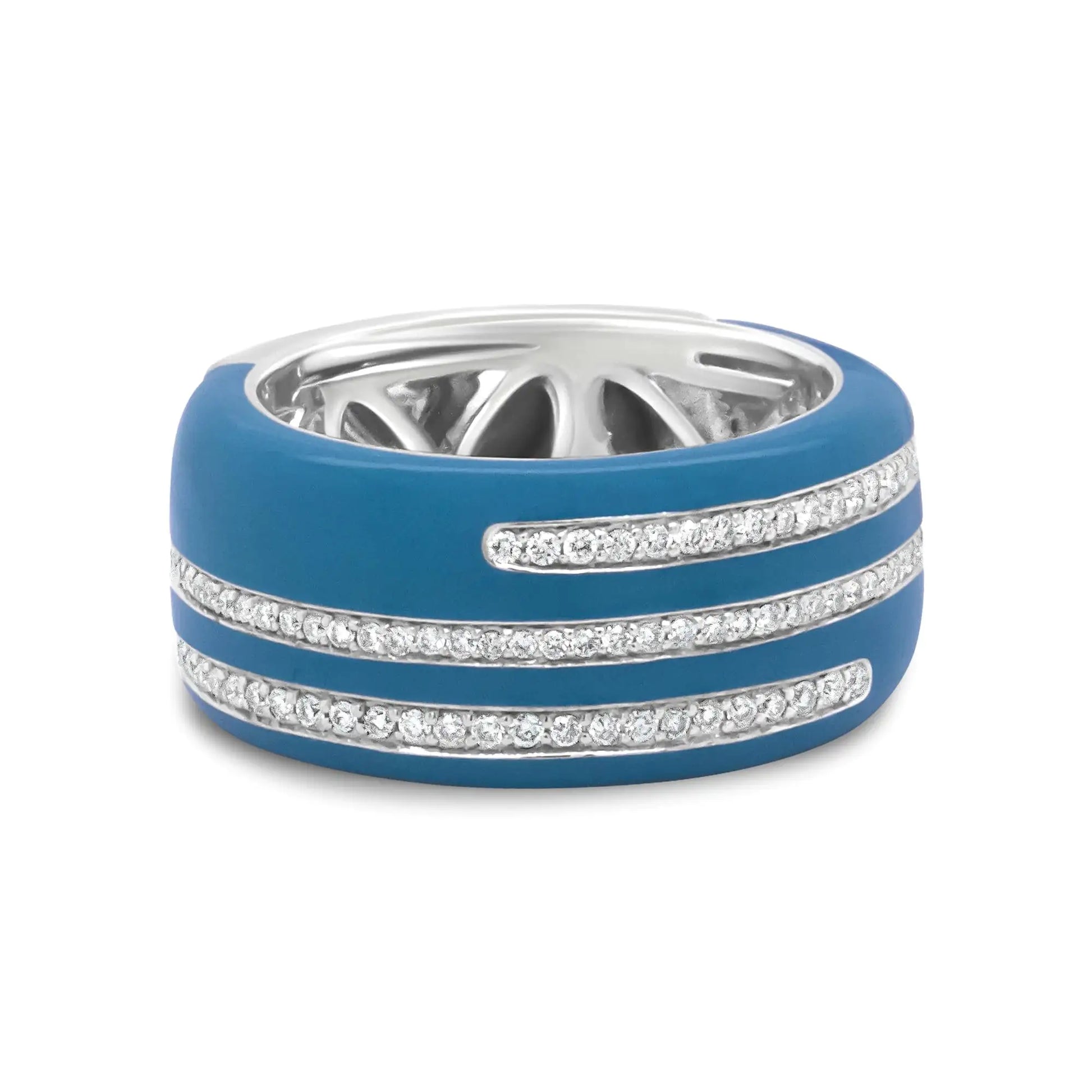 Sterling silver statement ring with turquoise enamel and round diamonds.