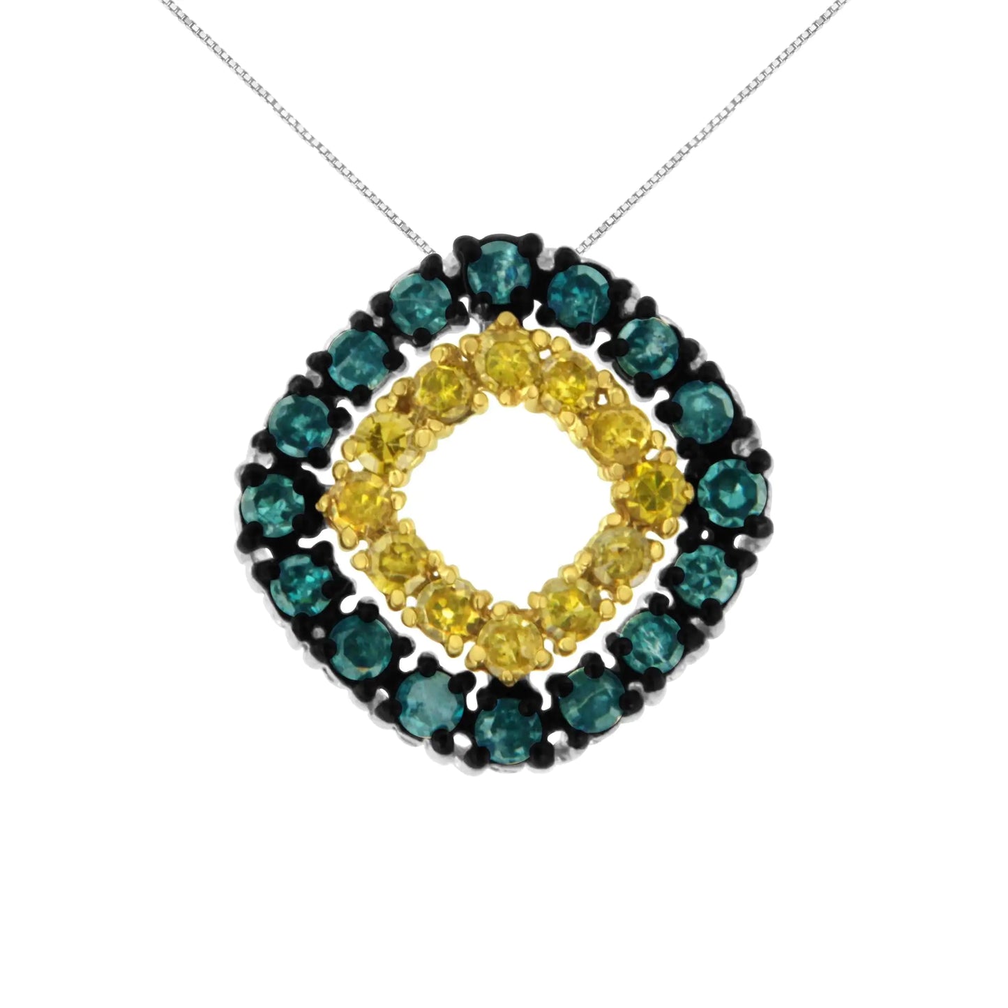 Sterling silver pendant necklace with treated blue and yellow diamonds in double square design.