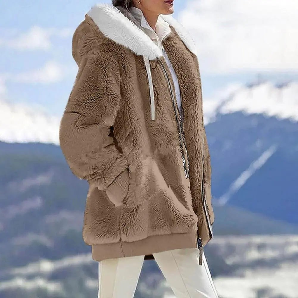 Plush Zipper Coat for Women - Plus Size, Warm and Furry with Long Sleeves