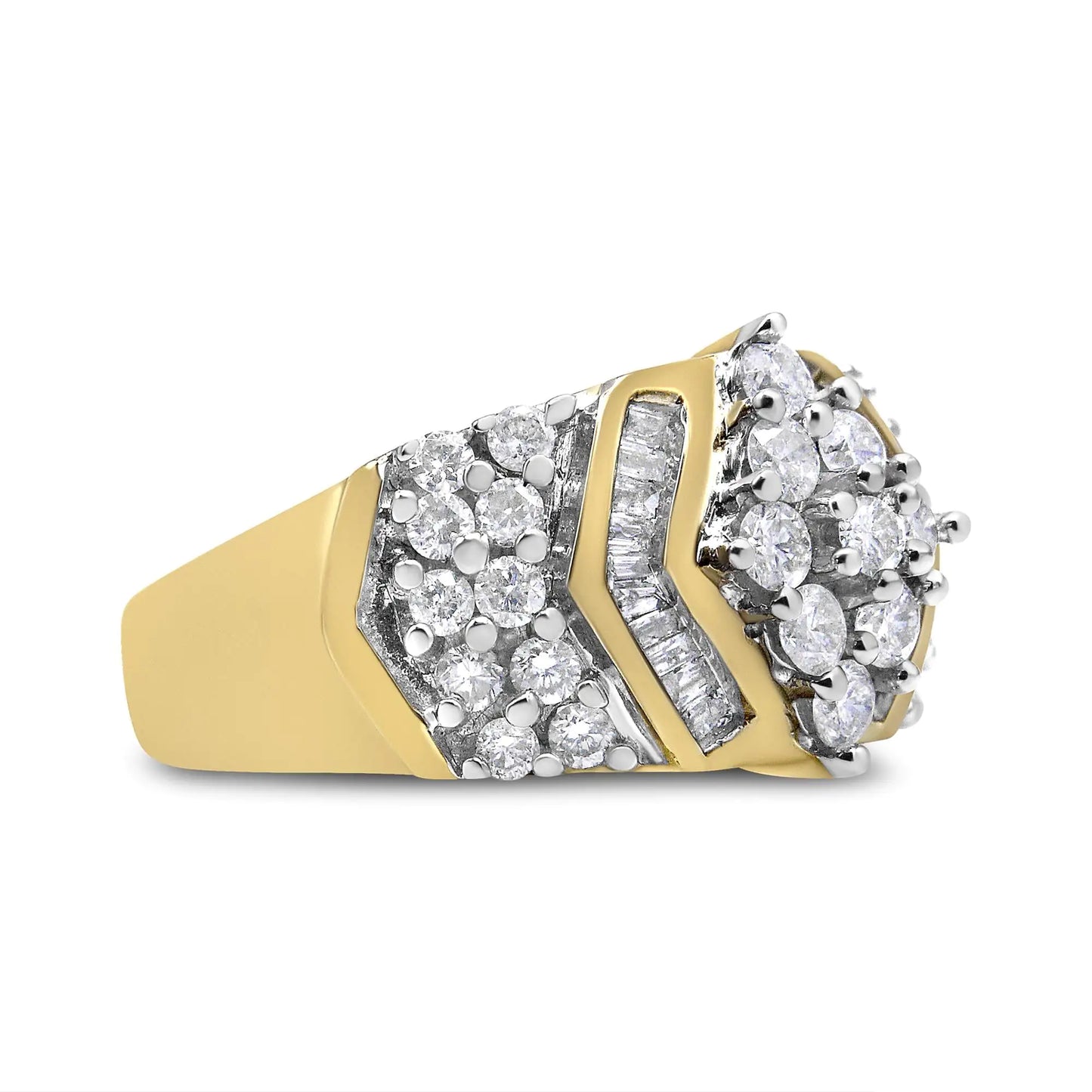 10K Yellow and White Gold 1.00 Cttw Round and Baguette-Cut Diamond CluUniquely beautifully, this beautiful ring has a geometric design embellished with an impressive total diamond weight of 1.00 c.t. The band is crafted in 10k yellow gWhite Gold 1RingsWhite Gold 1